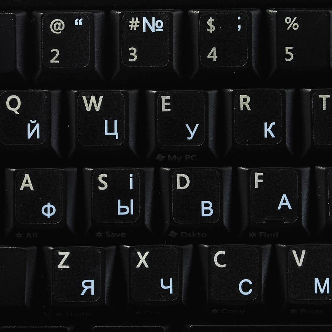 Russian - Ukrainian Keyboard Labels Layout ON Transparent Background with Blue, RED, White OR Yellow Lettering (White)
