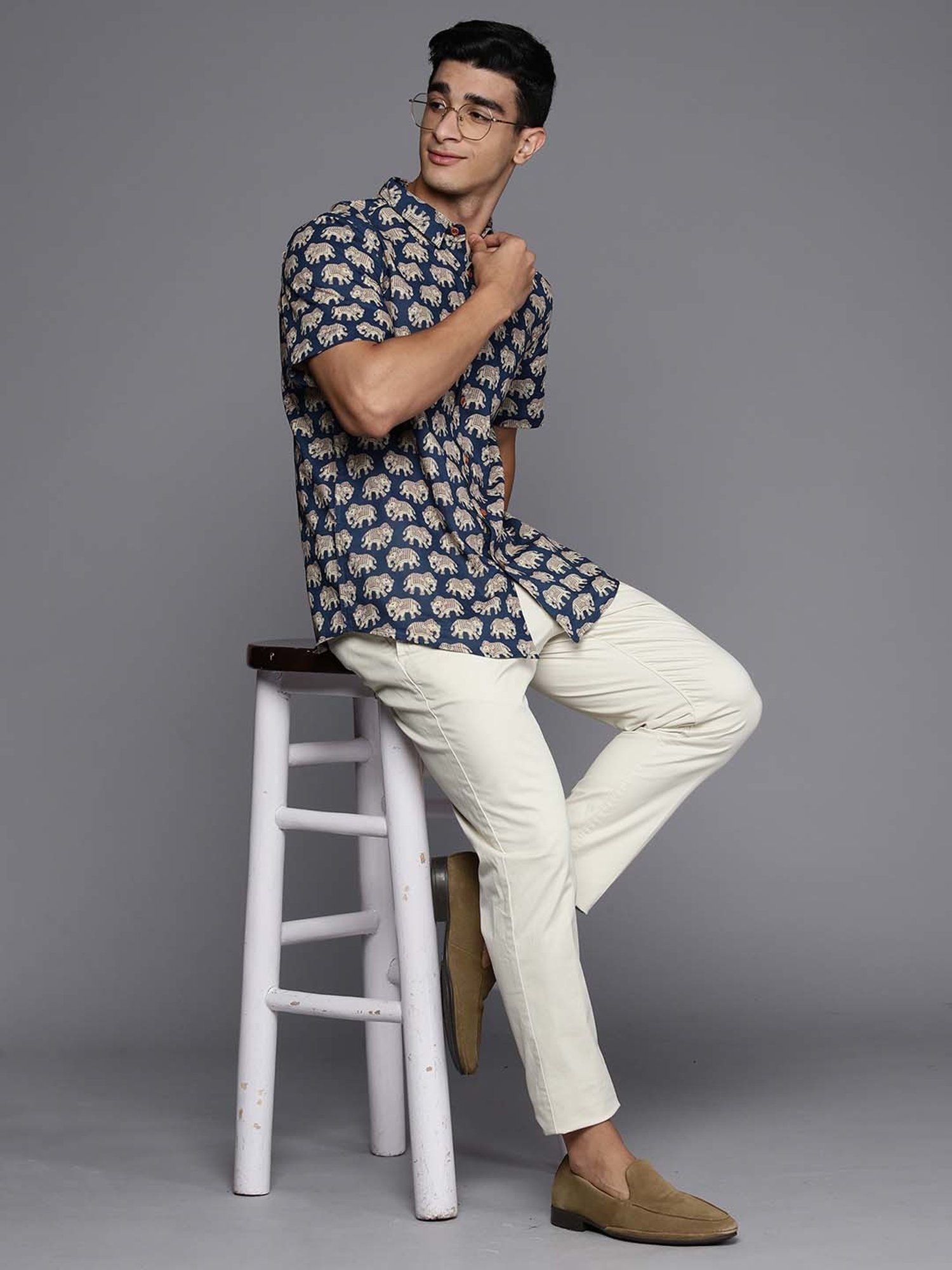 Indo Era Navy Regular Fit Printed Ethnic Shirt