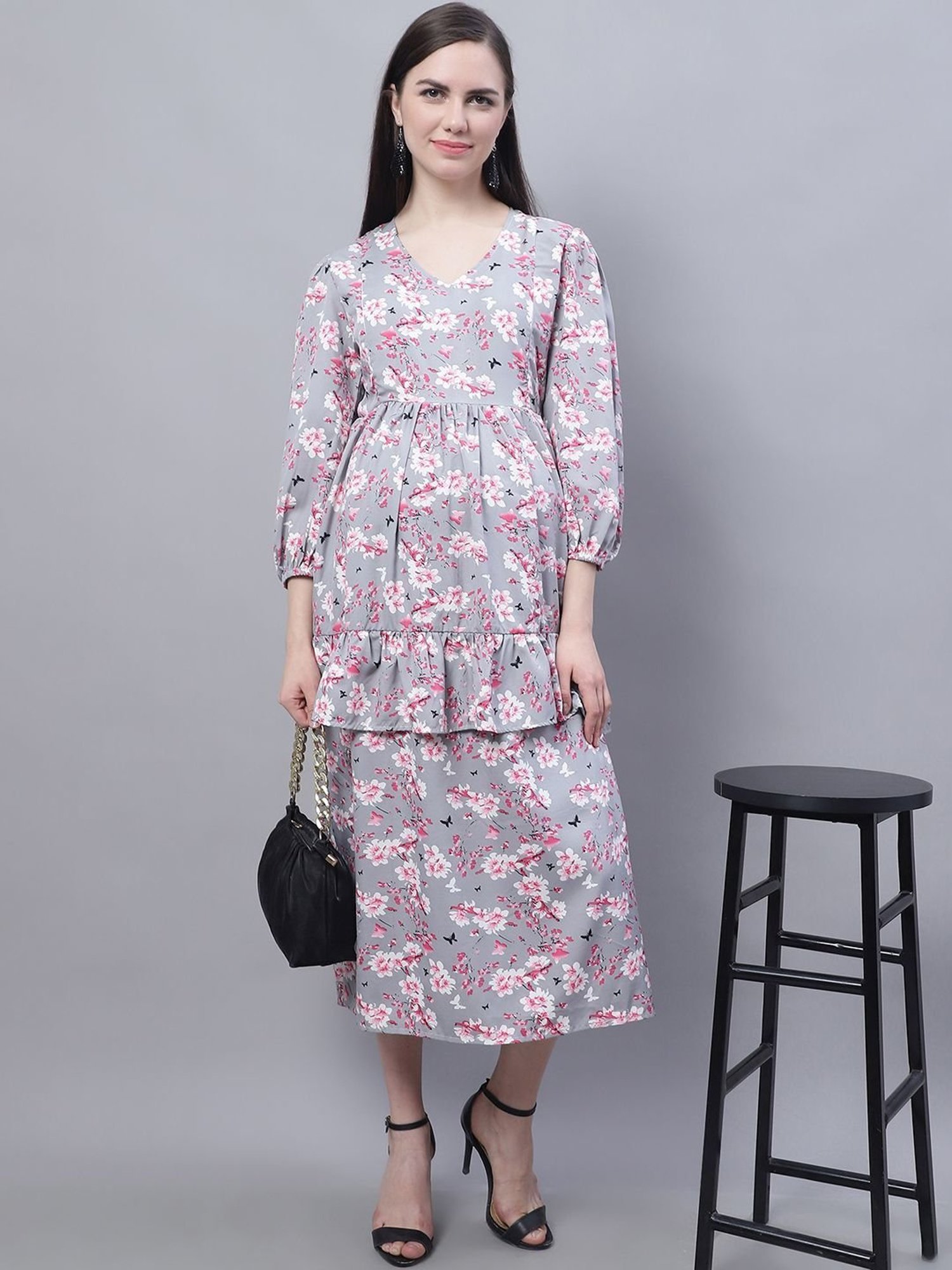 Moms Maternity Grey Printed Dress