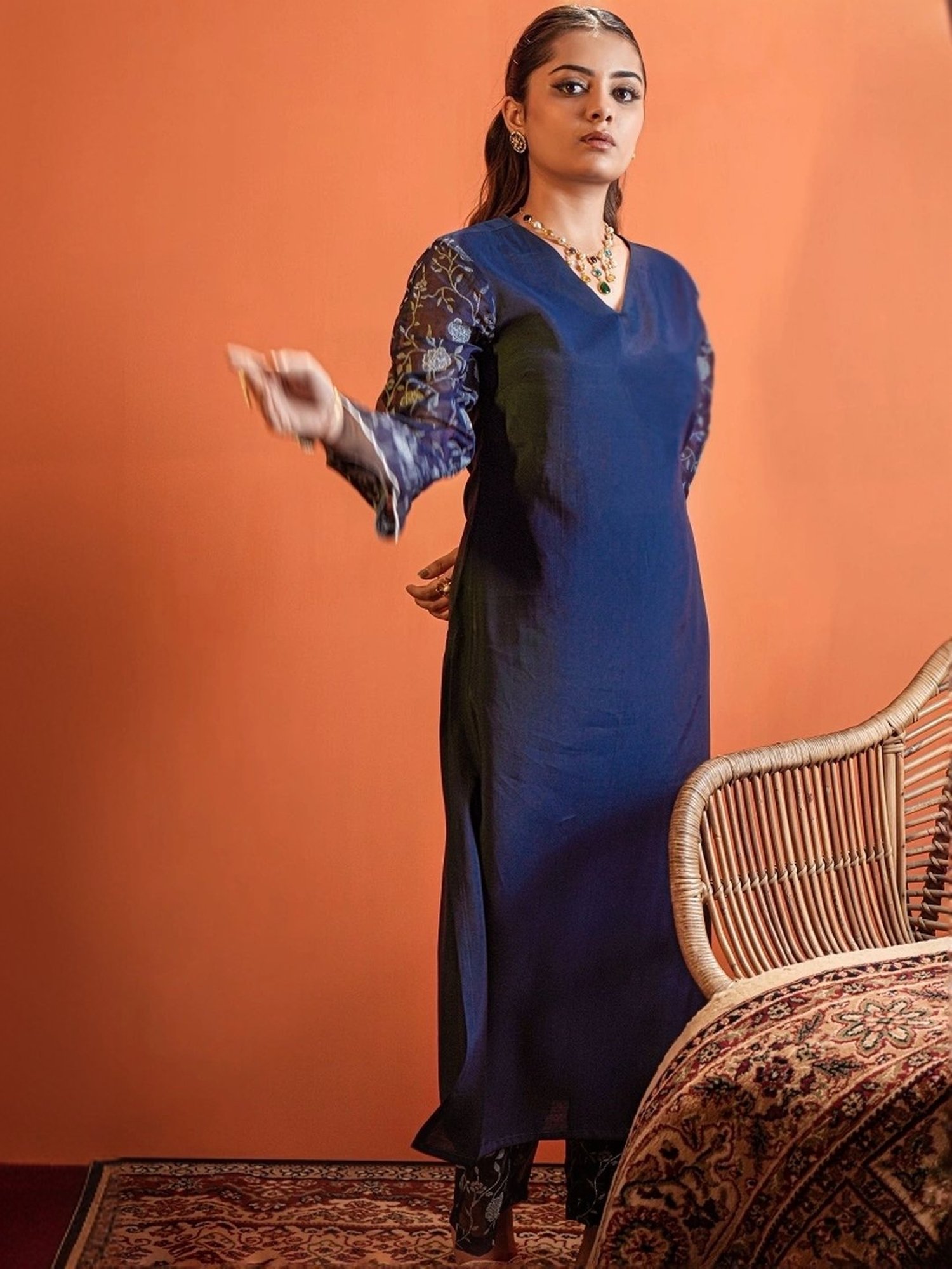 Heeposh Navy Printed Kurta Pant Set With Dupatta