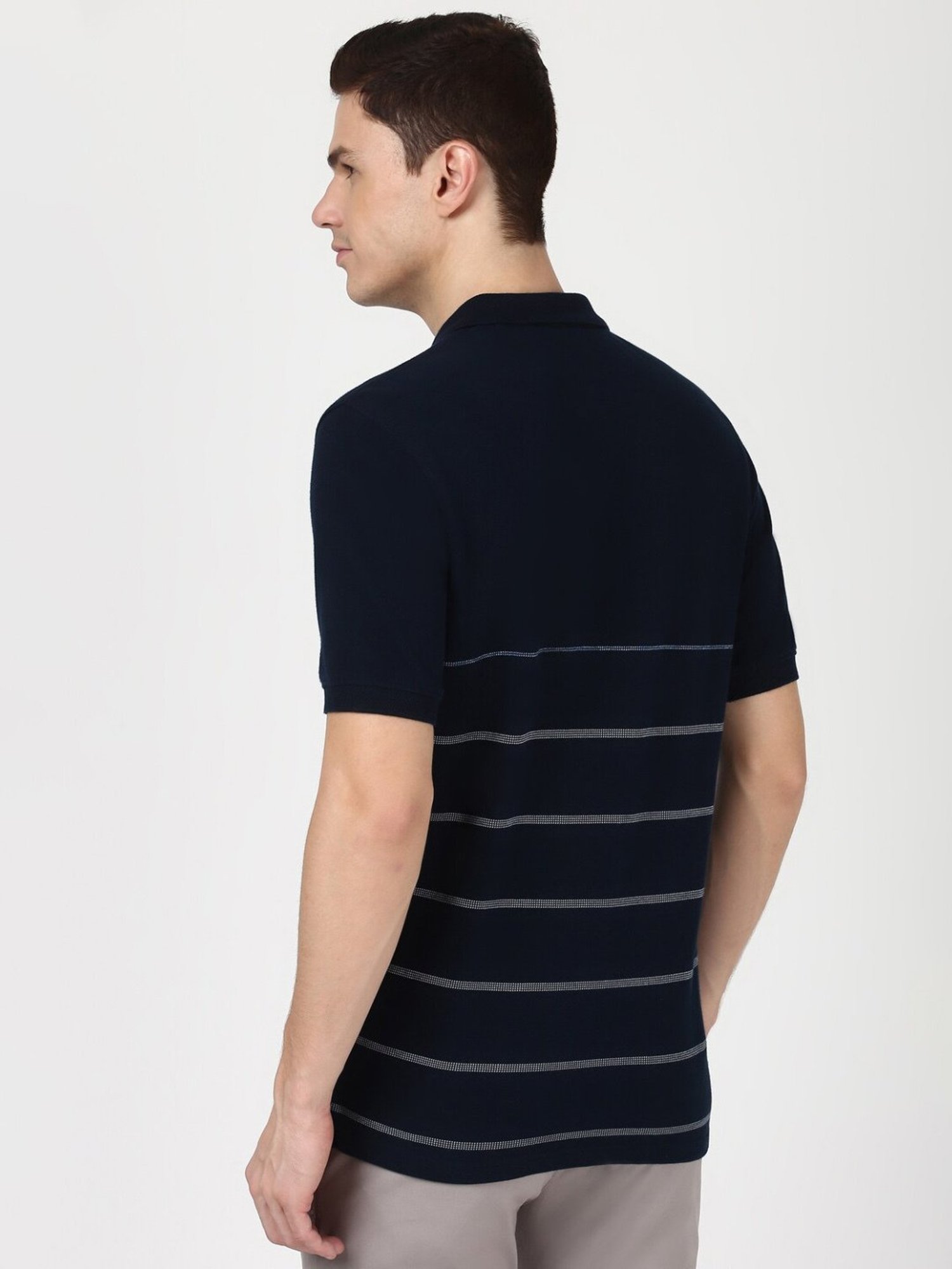 Peter England Navy Cotton Regular Fit Striped T-Shirt