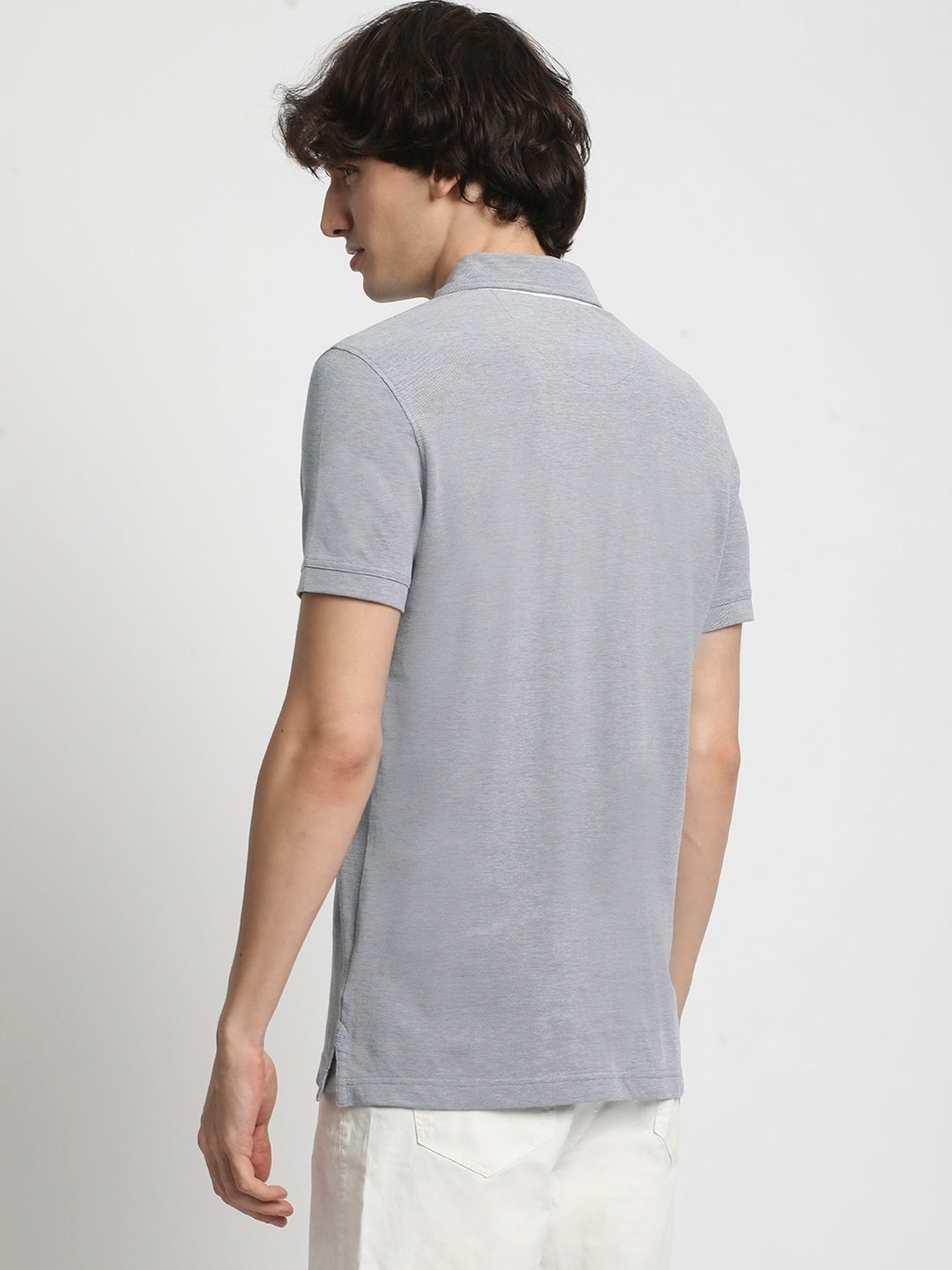 The Bear House Grey Cotton Regular Fit Self Pattern Polo T-Shirt