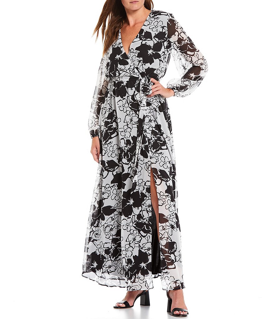 Marina Long Sleeve Floral Printed V-Neck Long Sleeve Wrap Maxi Dress