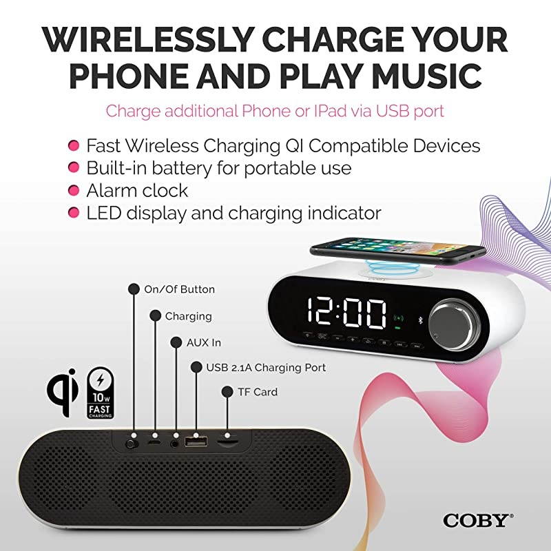 Digital LED Alarm Clock Built In 10W HD Bluetooth Speakers FM Radio QI Certified Fast Wireless Charger for iPhone Samsung and MoreUSB port Battery Backup Aux In Dimmer for Bedroom Office Desk