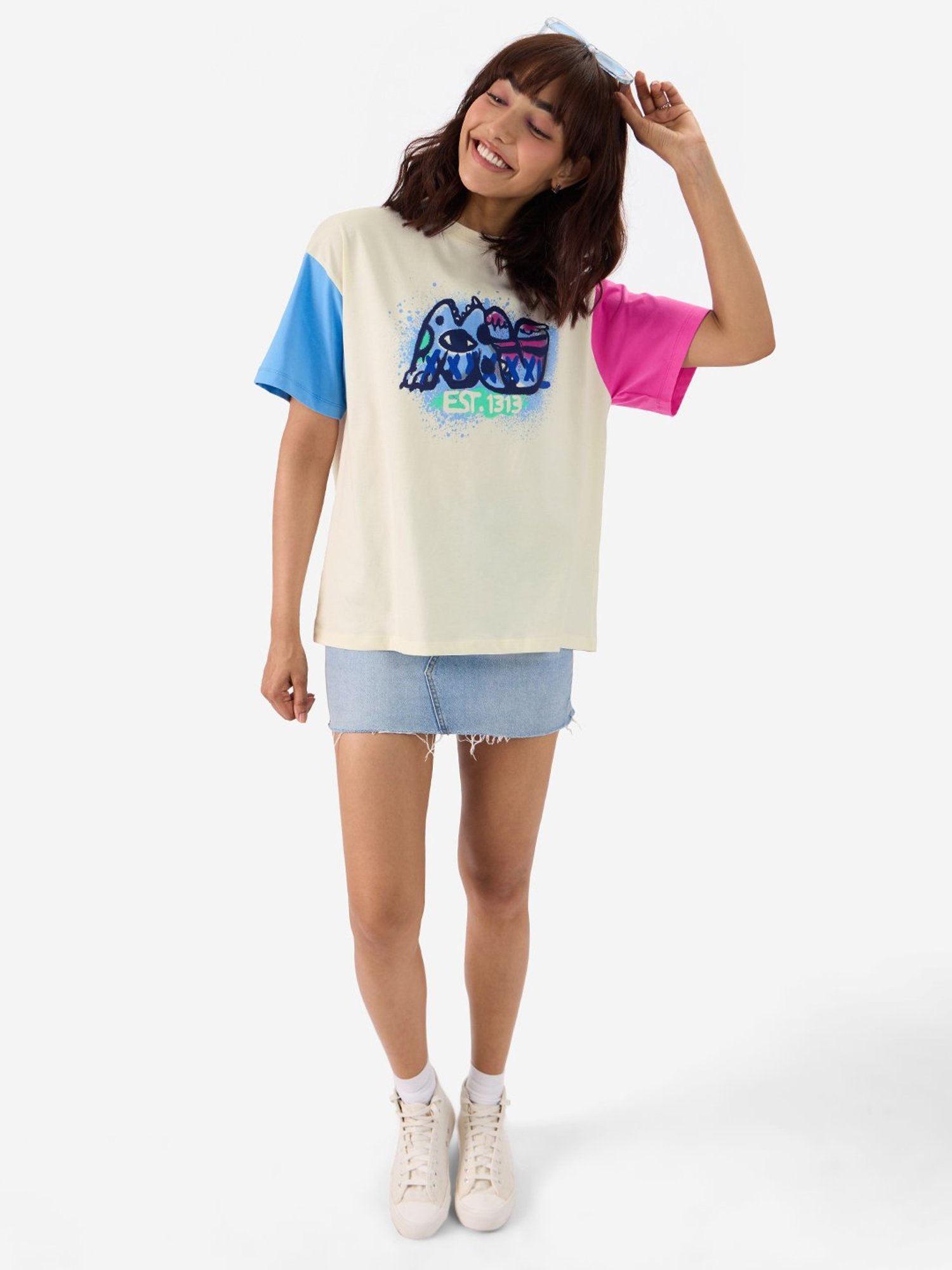 The Souled Store Multicolor Cotton Printed Oversized T-Shirt