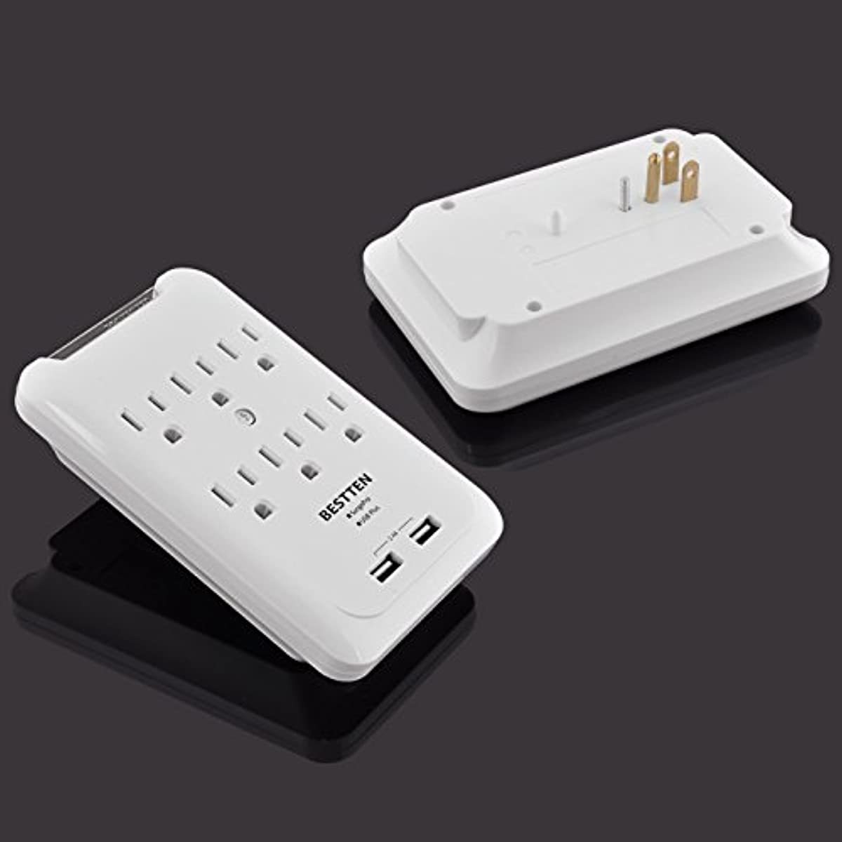 BESTTEN 6-Outlet Wall Mount Surge Protector with Dual USB Charging Ports (5V/2.4A), 15A/125V/1875W, ETL Certified, White