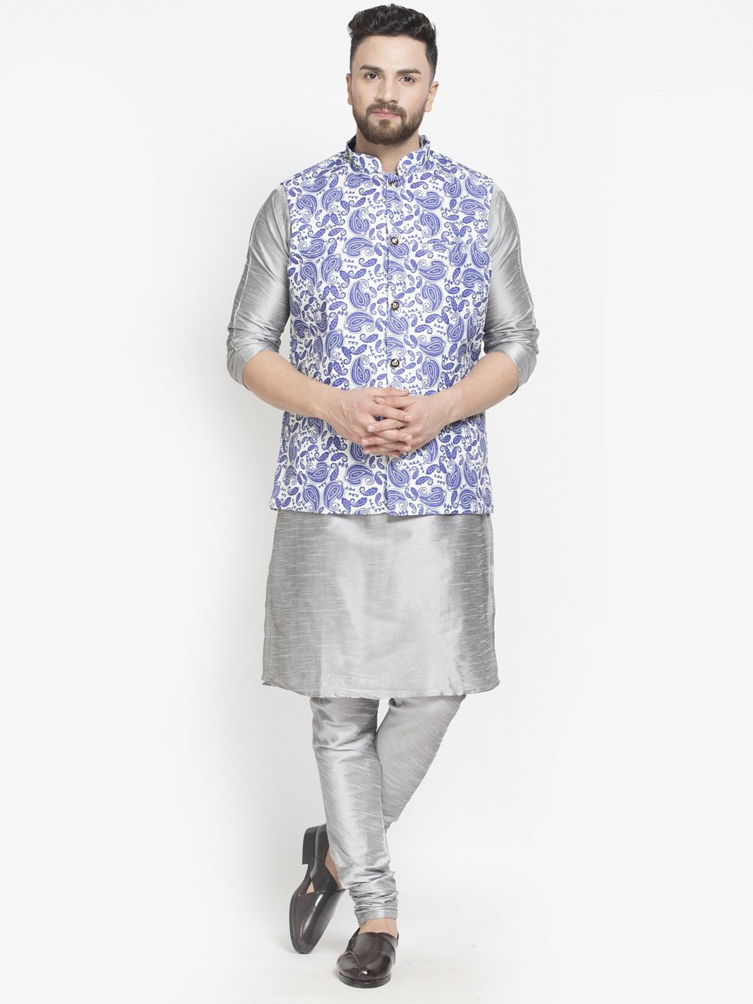 Benstoke Grey & Blue Regular Fit Paisley Kurta Set With Jacket