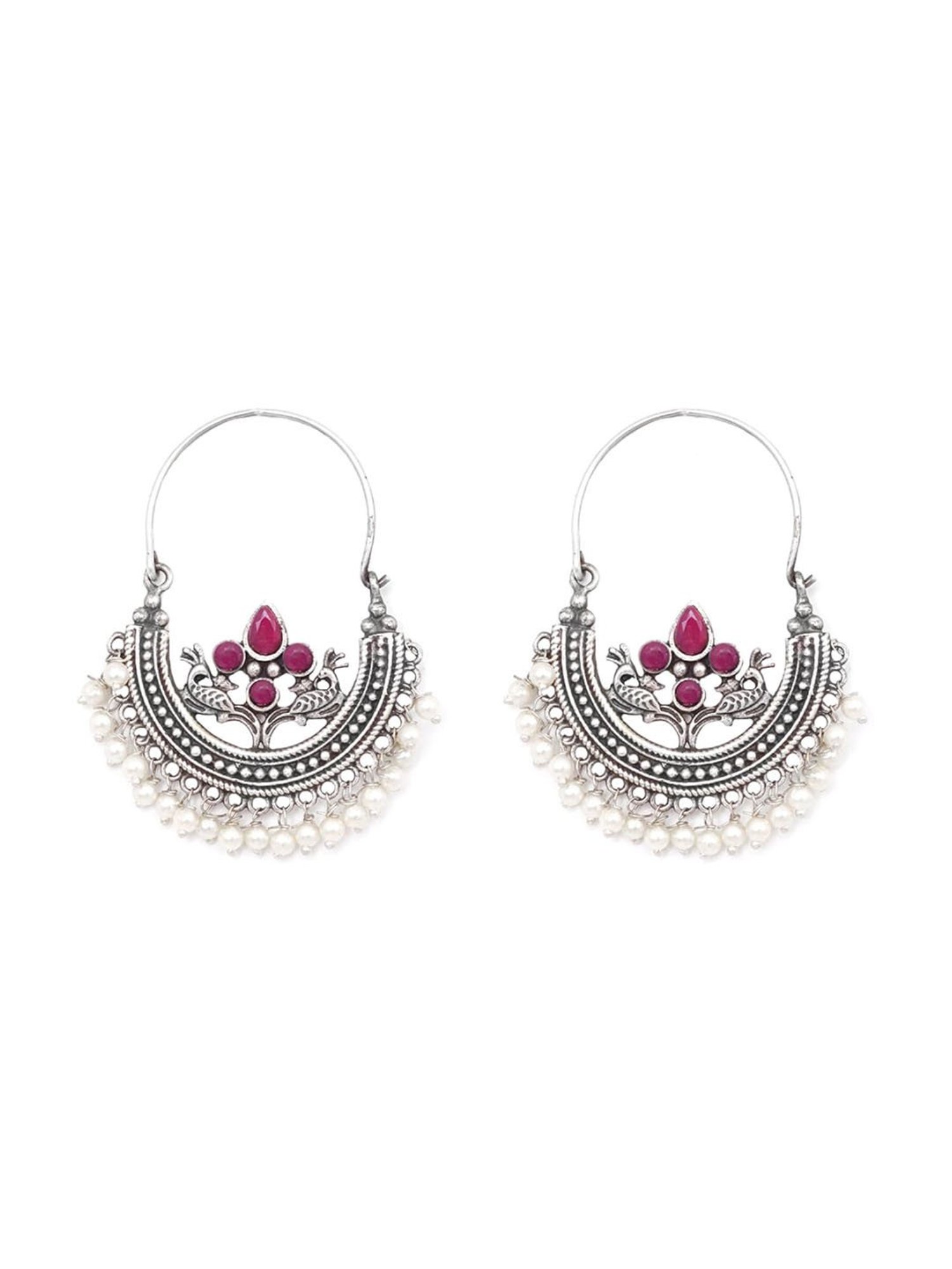 Teejh Saara Floral Pearl & Red Stone Bali Earrings