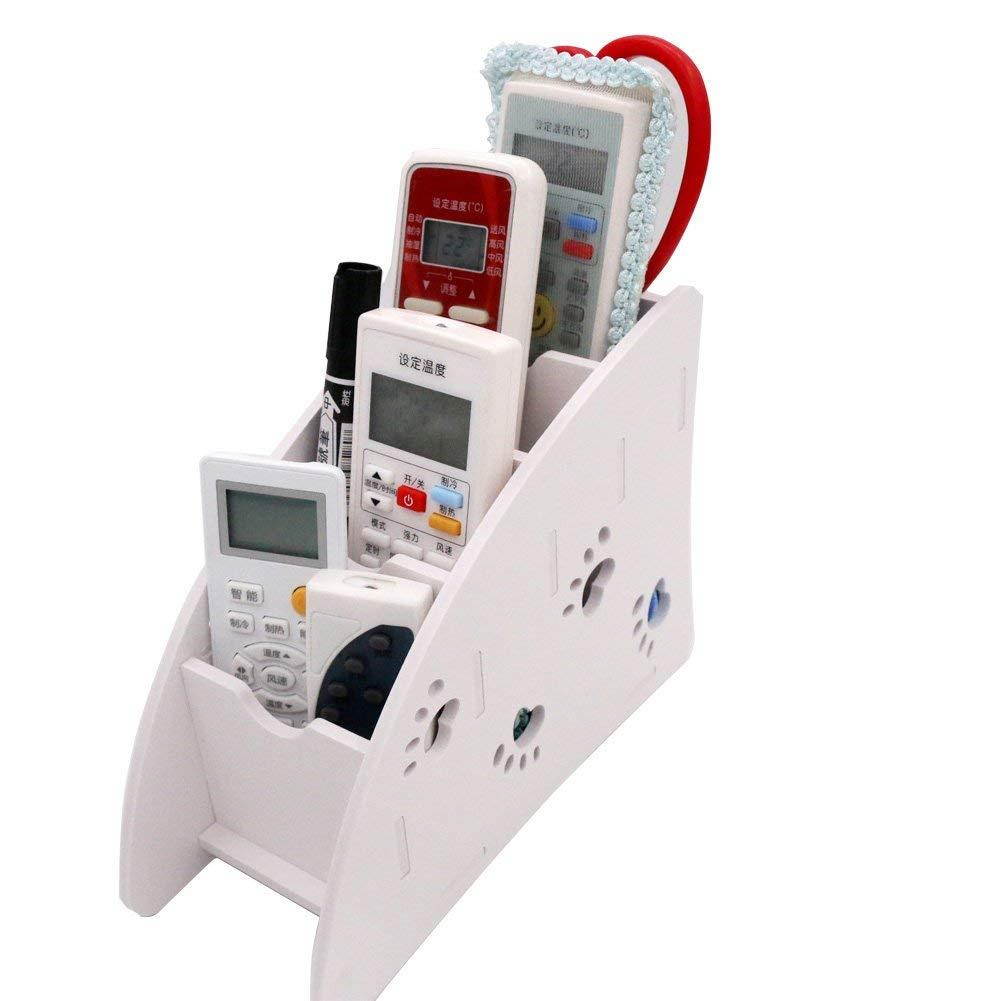 White Remote Control Holder Caddy, Coideal 4 Compartments Carving Detachable Desktop Organizer Plastic Wood Pen Pencil Holder Container for Office Desk Kitchen Makeup Phones (Small)