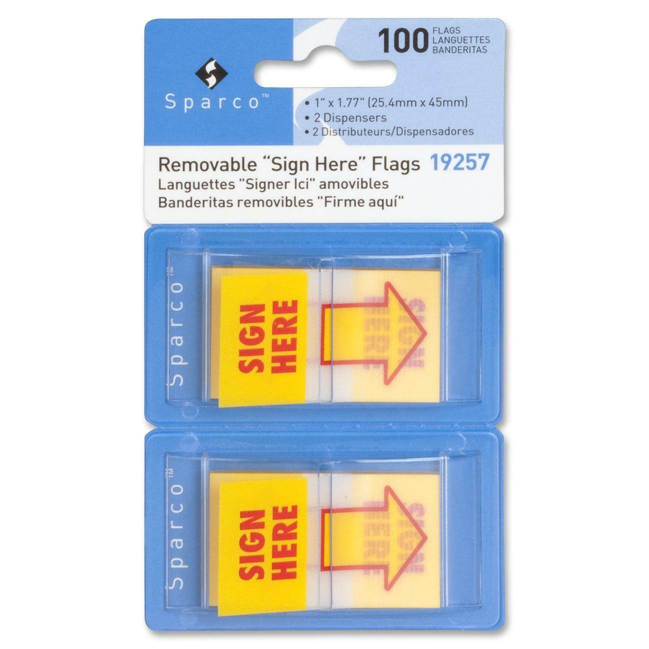 Sparco Sign Here Arrow Flags Dispenser 1"x1-3/4" 100/PK Yellow 19257