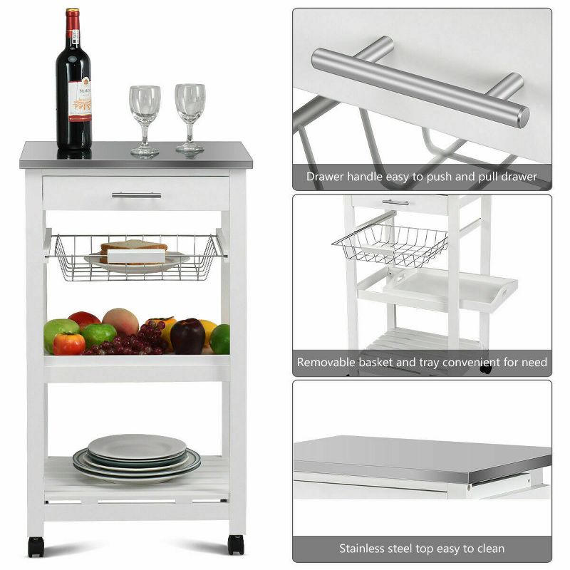 Costway Rolling Kitchen Trolley Cart Steel White Top Removable Tray W/Storage Basket &Drawers
