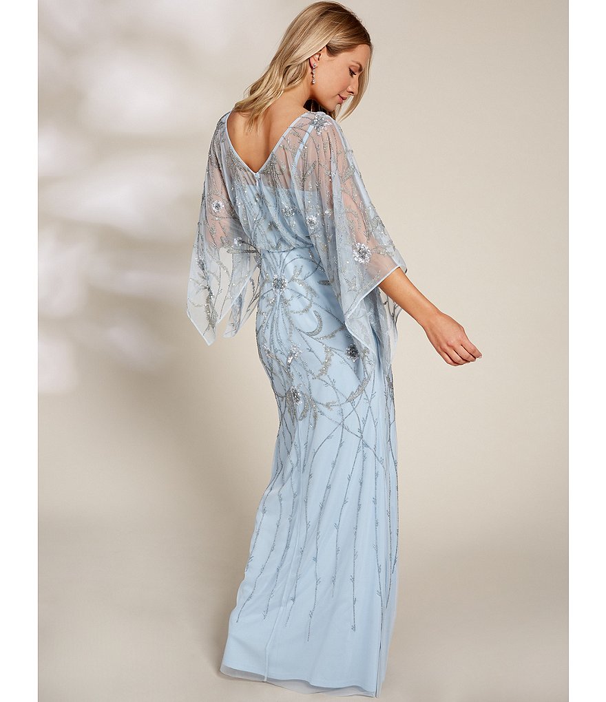 Aidan Mattox Fully Beaded 3/4 Flutter Sleeve Blouson Gown