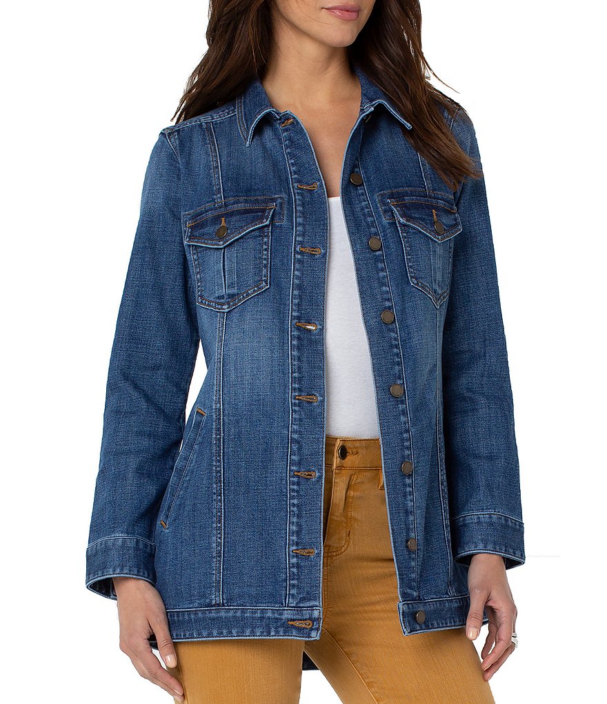 Liverpool Los Angeles Crosshatch Denim Point Collar Neck Long Cuff Sleeve Hi-Low Shirt Jacket