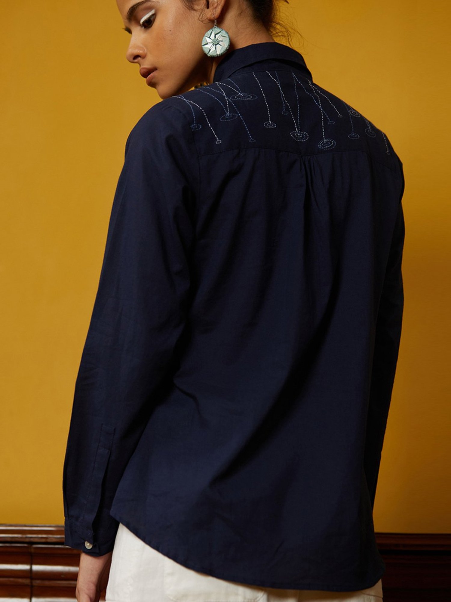 Okhai Puddle Indigo Blue Pure Cotton Hand Embroidered Shirt