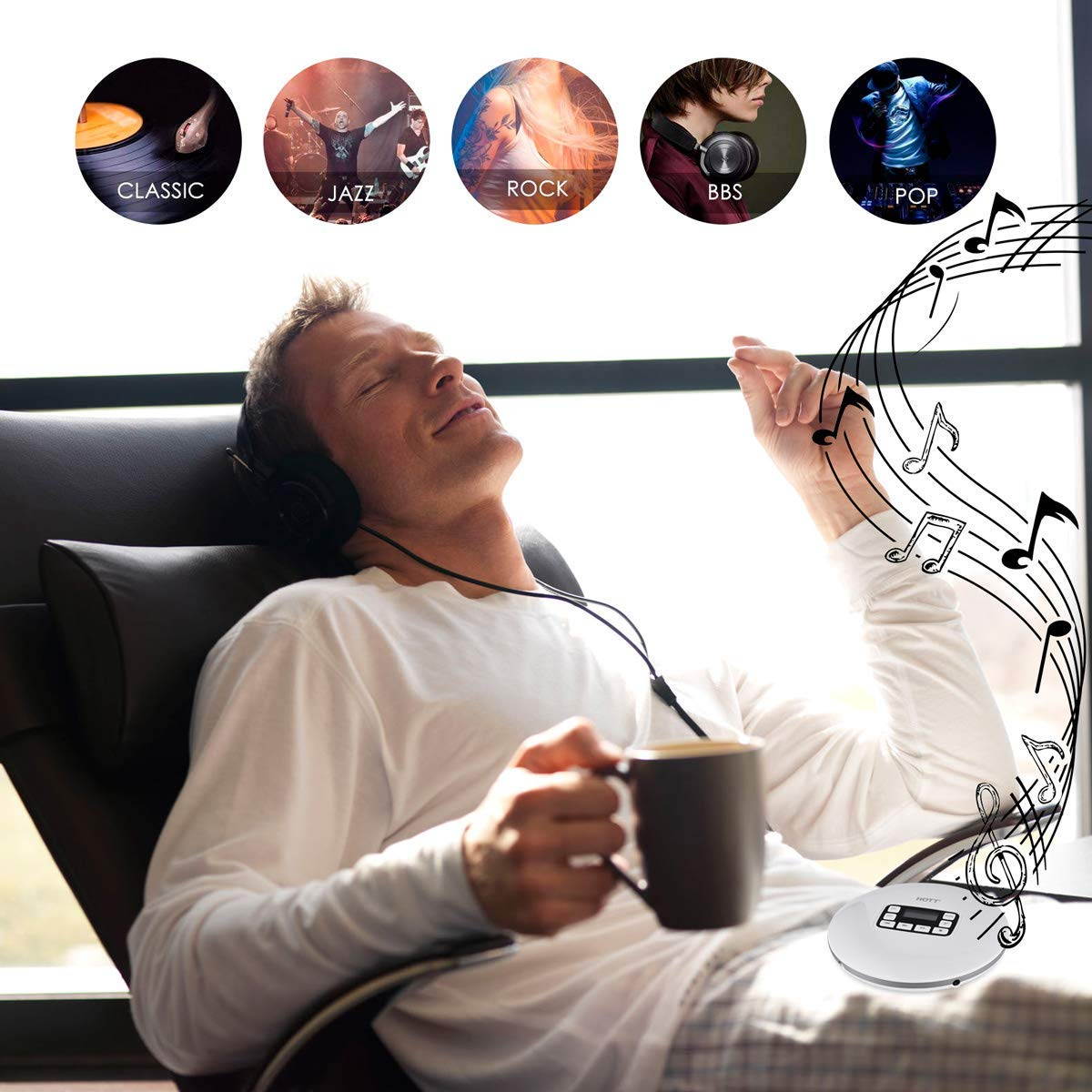 CD Player with Headphones, HOTT Personal CD Walkman Music Player with LCD Display, Skip Protection Shockproof Anti Scratch Function, Support CD, MP3 CD, CD-R, CD-RW Format - Black