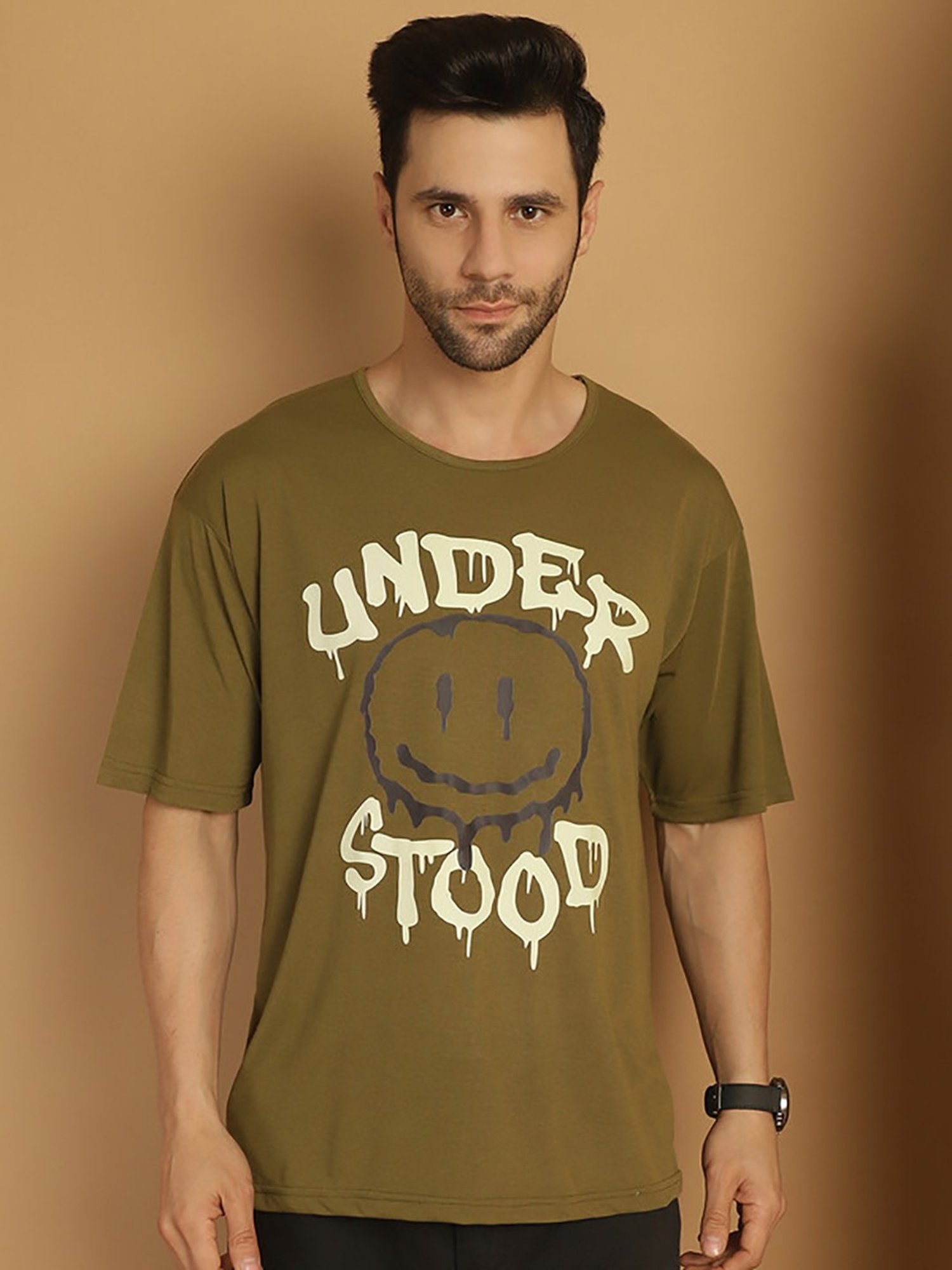 Vimal Jonney Olive Regular Fit Printed Oversized Crew T-Shirt