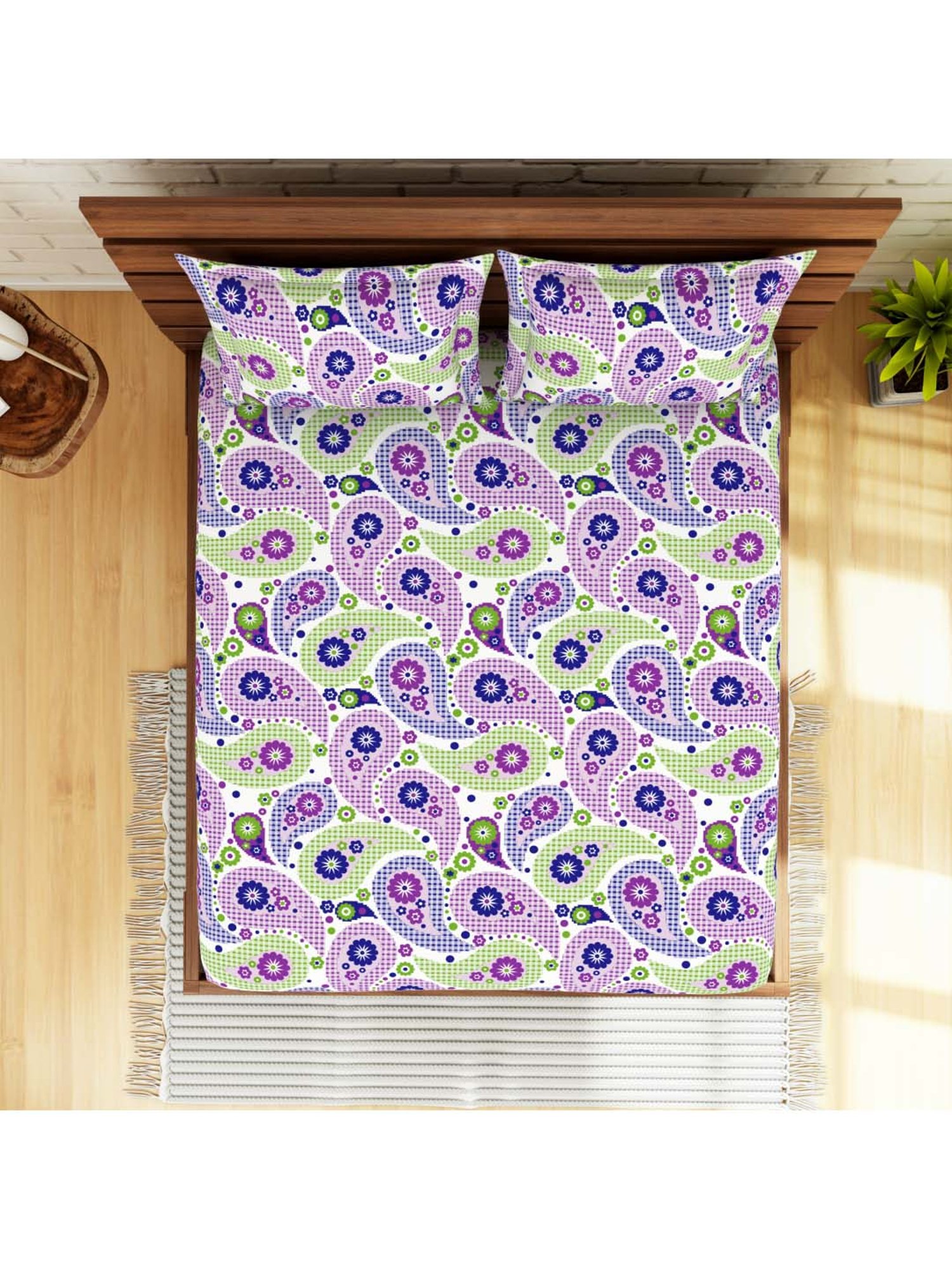 SWHF Purple & Green Cotton 110 TC Double Bedsheet Sets