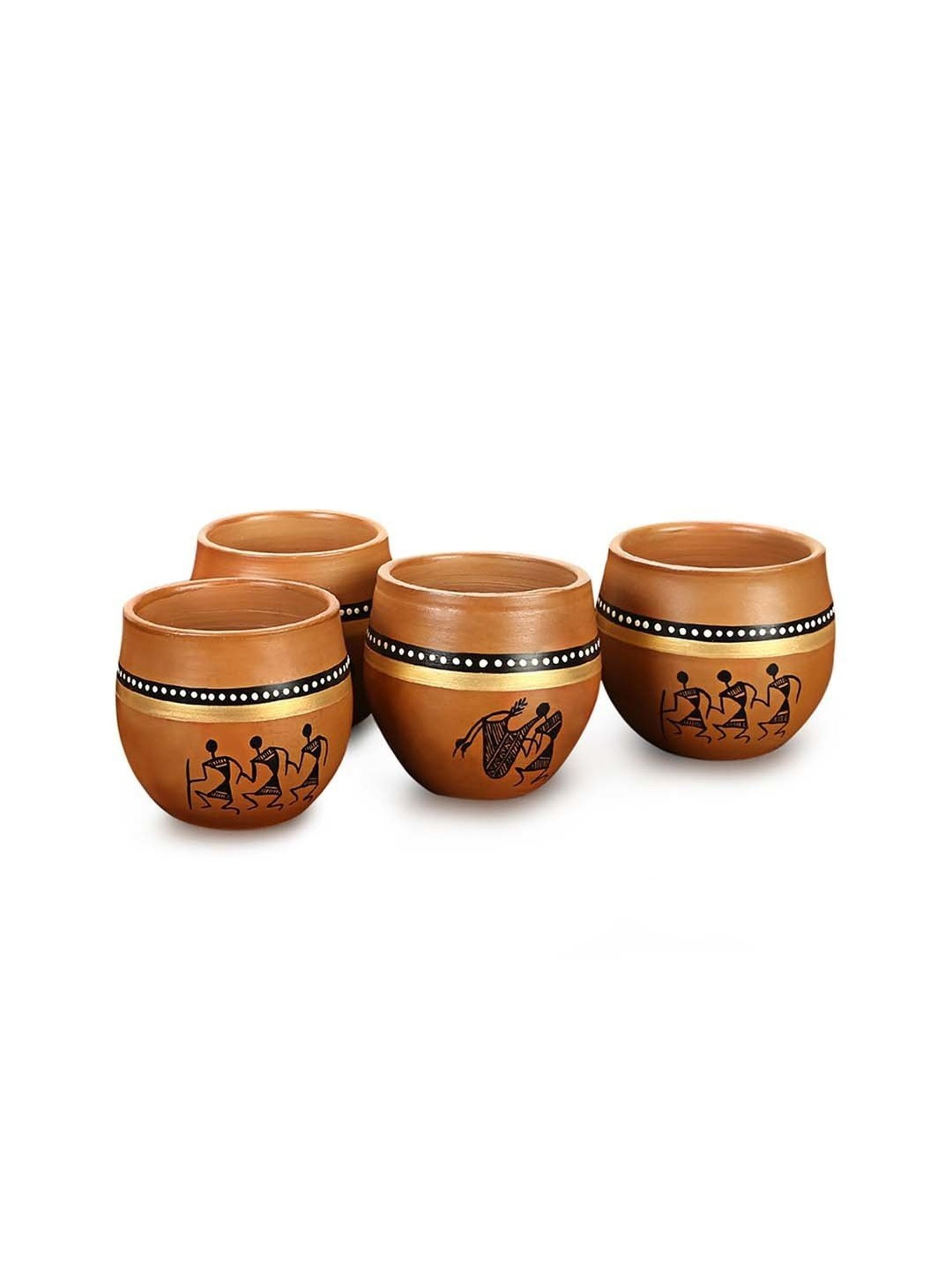 ExclusiveLane 'New-Old World Charms' Mud Brown Terracotta Warli Hand-Painted Kulhad - Set of 4