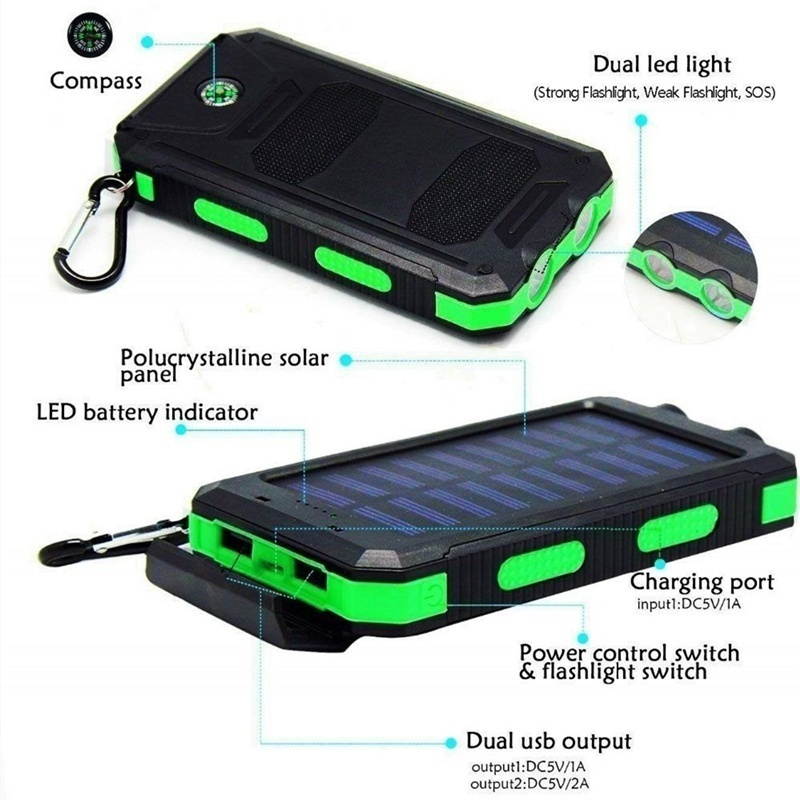 2021 the Lastest 10000mAh Solar Waterproof Power Bank With Dual USB SOS LED FlashLights Battery Pack For All Type Phones