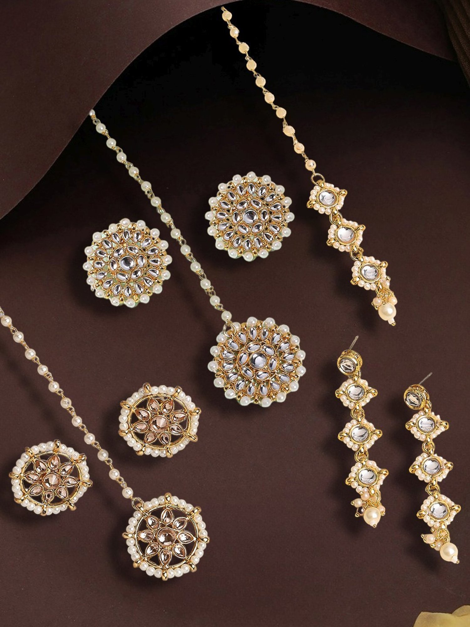 OOMPH Combo of 3 Kundan Jadau Maangtikaa Set - 3 Maangtikka & 3 Pair of Matching Earrings