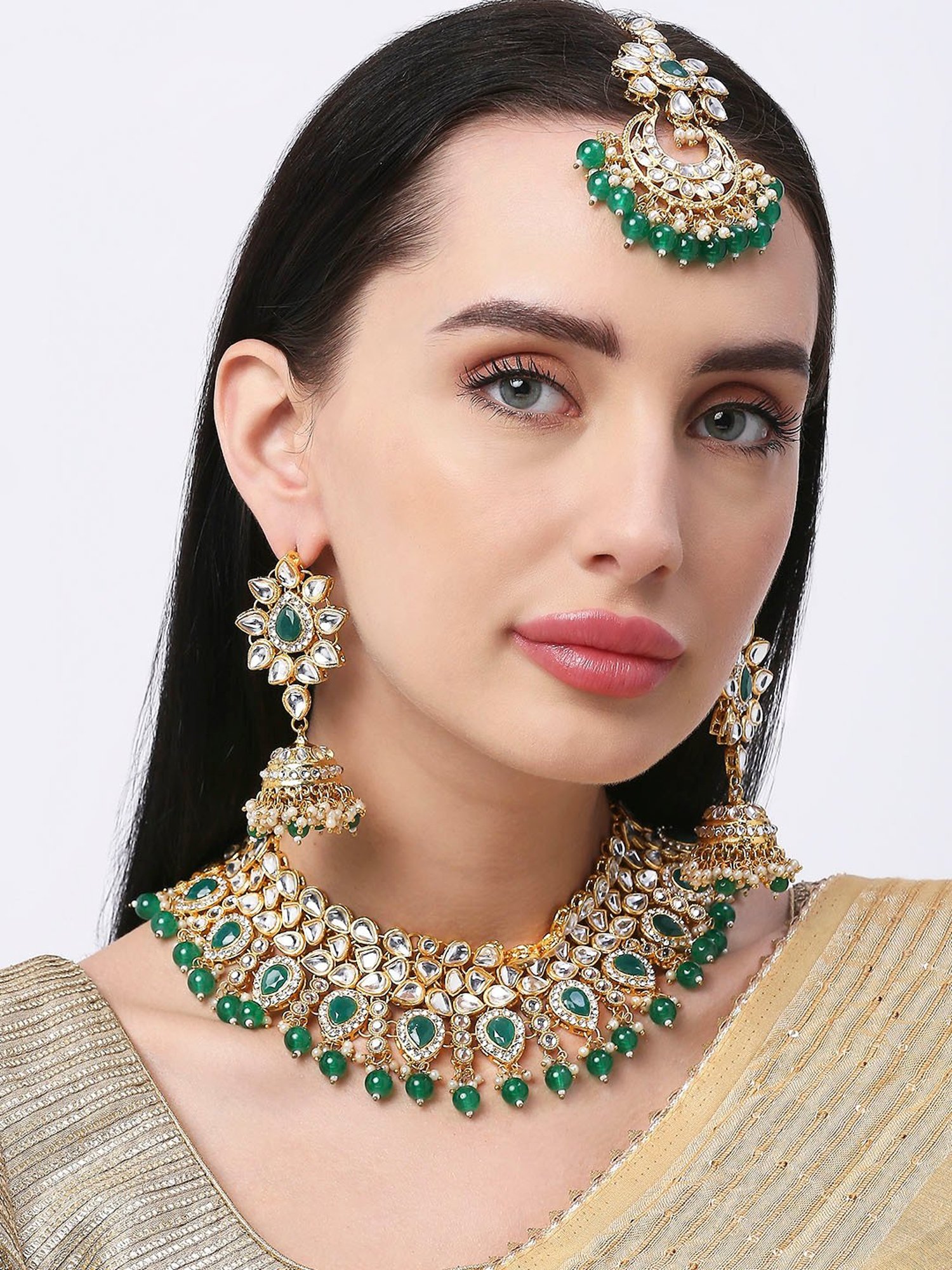 OOMPH Green Stone Kundan & Pearls Necklace Set with Drop Jhumka Earrings & Maangtikka