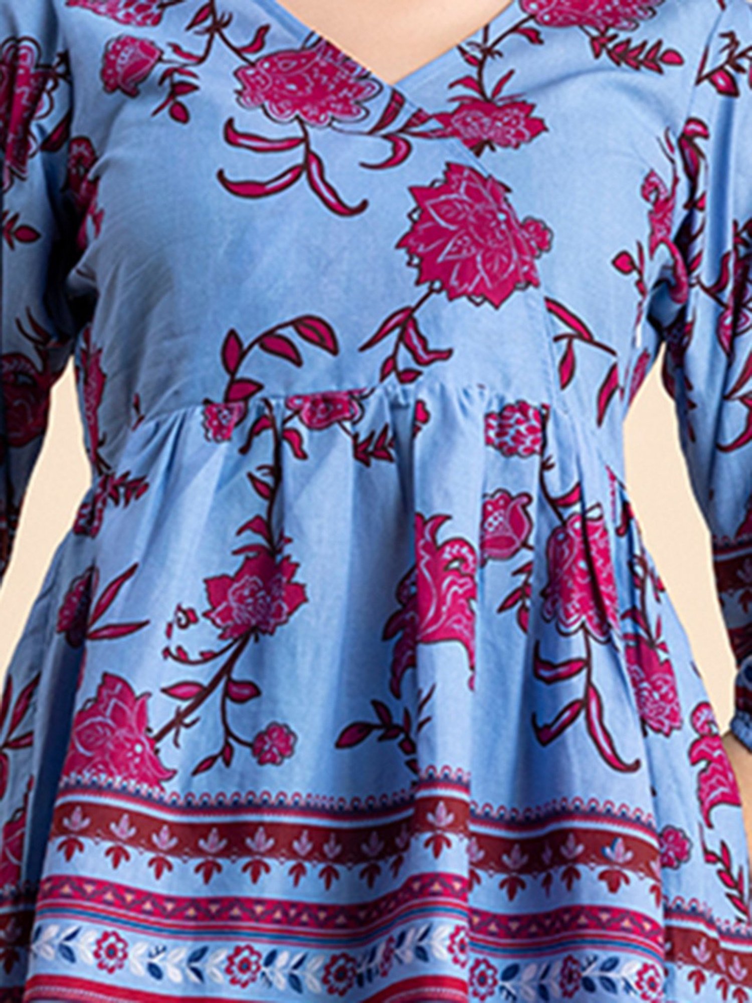 Moomaya Blue & Pink Cotton Floral Print Top With Pants