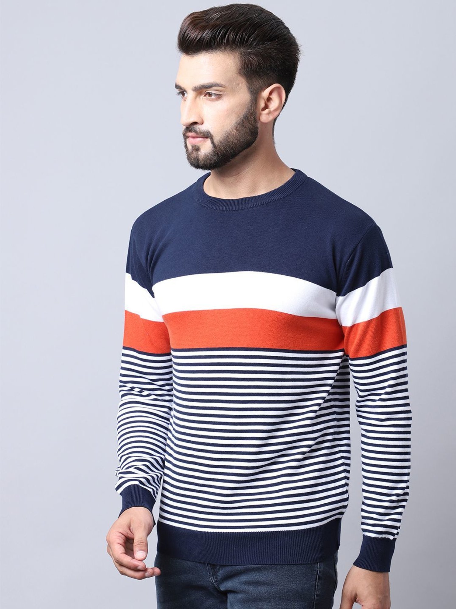 Cantabil Navy Blue Regular Fit Striped Sweater