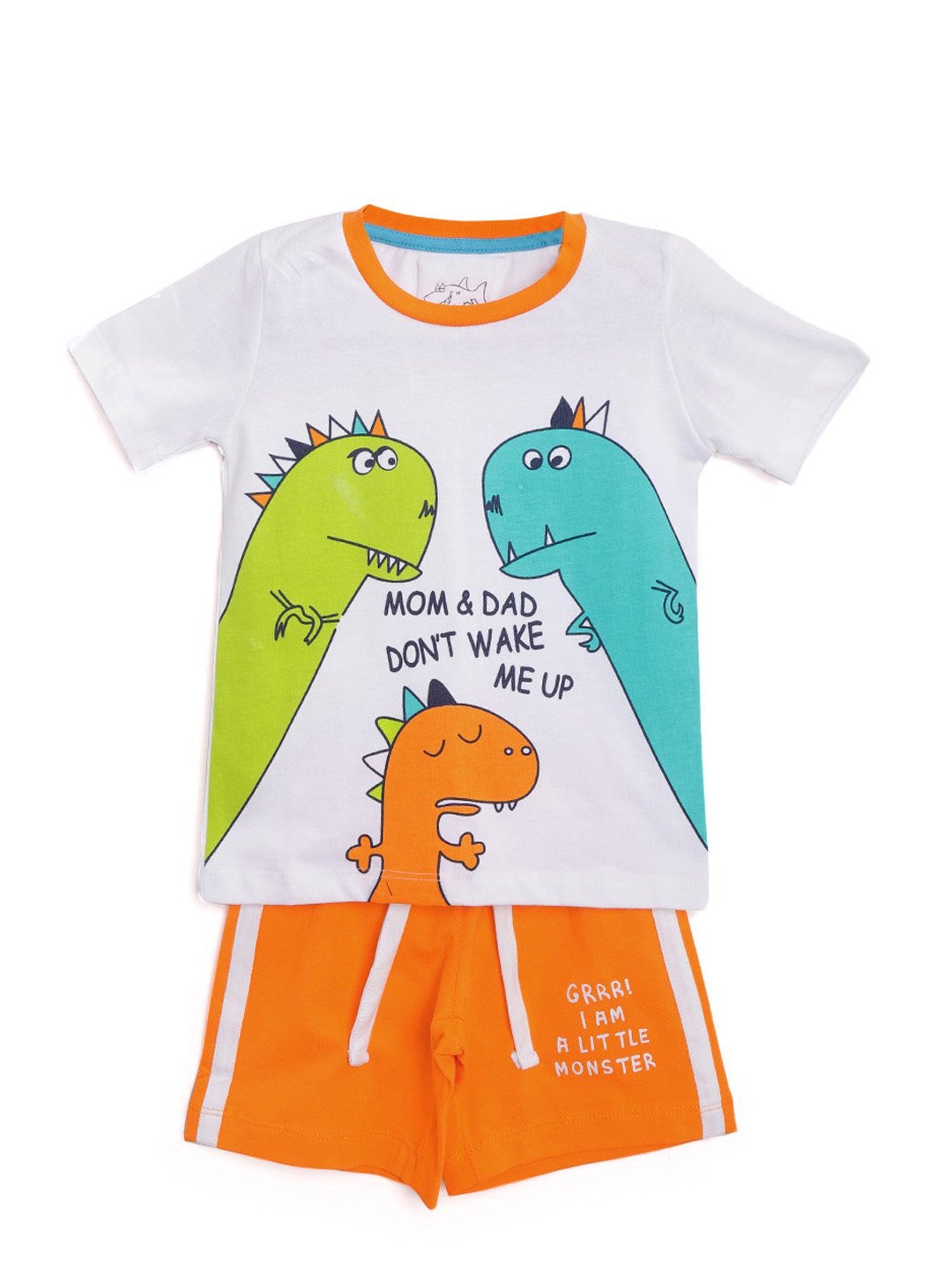 Lazy Shark Kids White & Orang Printed  T-Shirt with  Shorts