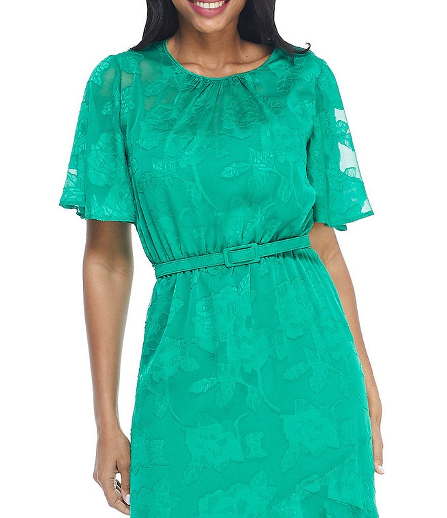 Maggy London Petite Size Tonal Floral Flutter Sleeve Ruffled Hi-Low Hem A-Line Midi Dress