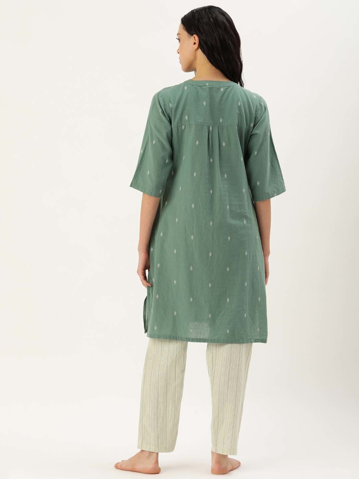 Clt.s Green & White Cotton Embroidered Kurta Pyjama Set