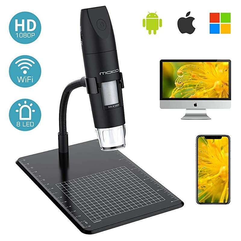 WiFi USB Digital Microscope 1080P HD 2MP Camera 50x to 1000x Magnification Mini Pocket Handheld Wireless Endoscope 8 LED Arm Stand Compatible with iPhoneiPadMacWindowAndroidiOS Black