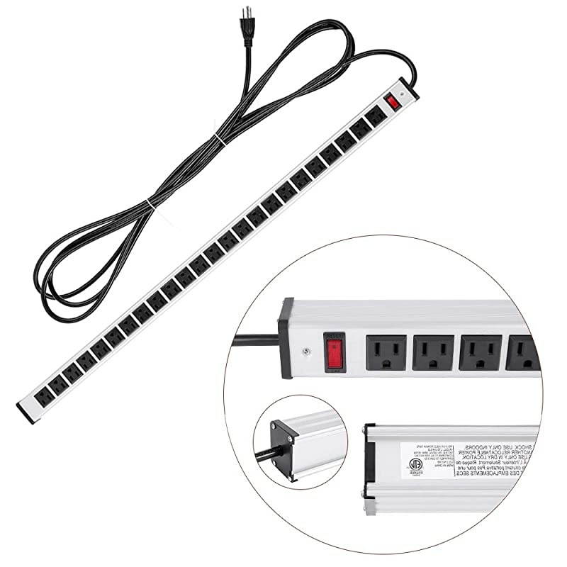 Rack Mount Power Outlet Surge Protector Power Strip 24 Outlet Heavy Duty Multi Plug Outlet Aluminum Socket with Smart Circuit Breaker and 15 Ft Long Cord Silver