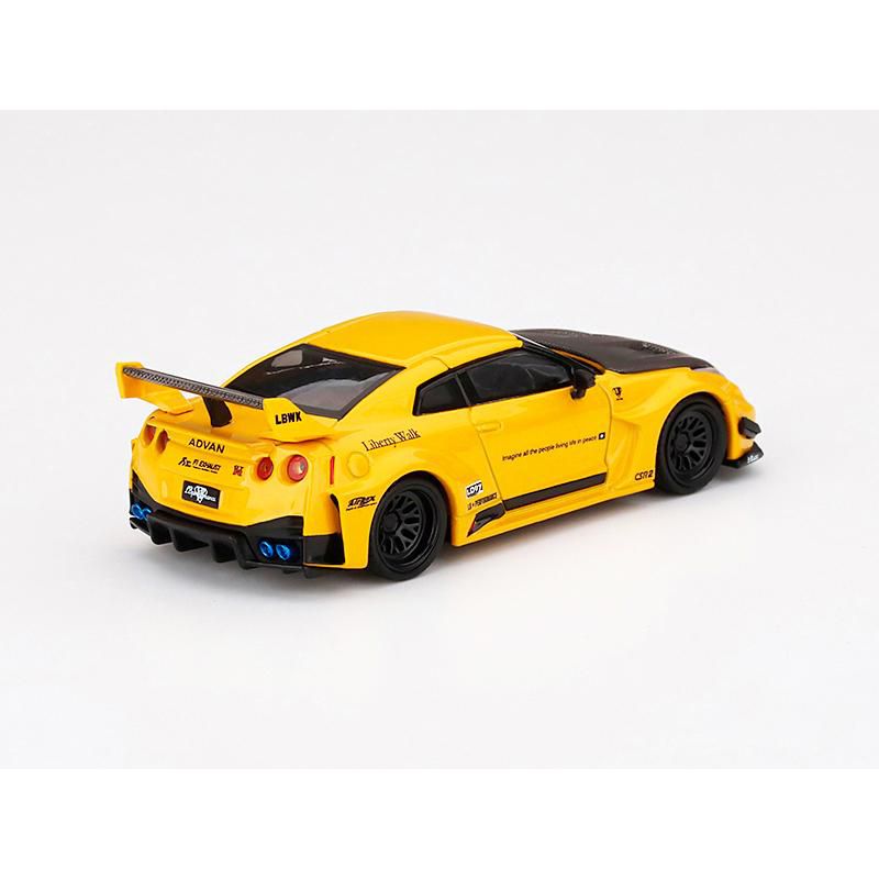Nissan 35GT-RR Ver.1 LB-Silhouette WORKS GT RHD Yellow w/Carbon Hood Ltd Ed 1/64 Diecast Model Car by True Scale Miniatures