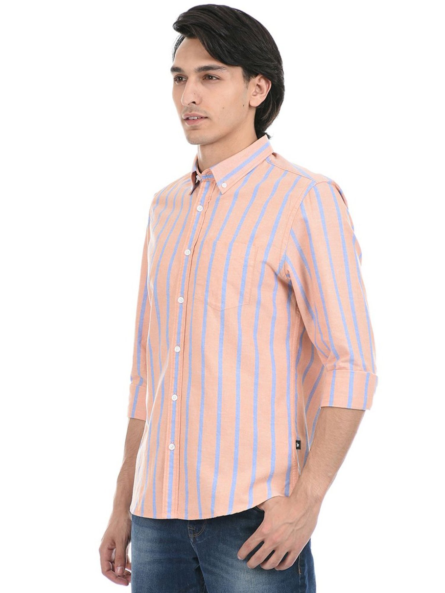 London Fog Orange Regular Fit Striped Shirt