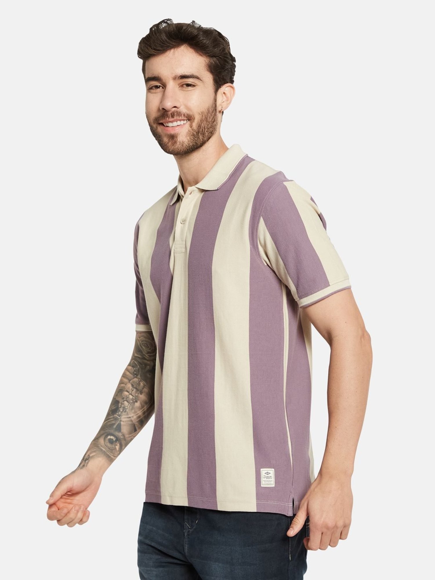 Octave Gravel Cotton Regular Fit Striped Polo T-Shirt