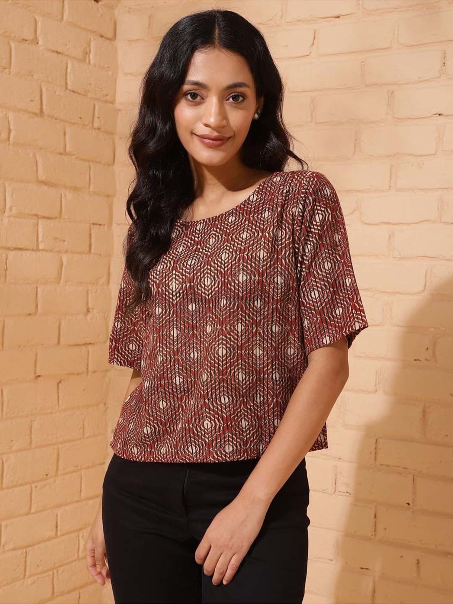 Fabindia Red Cotton Embroidered Top