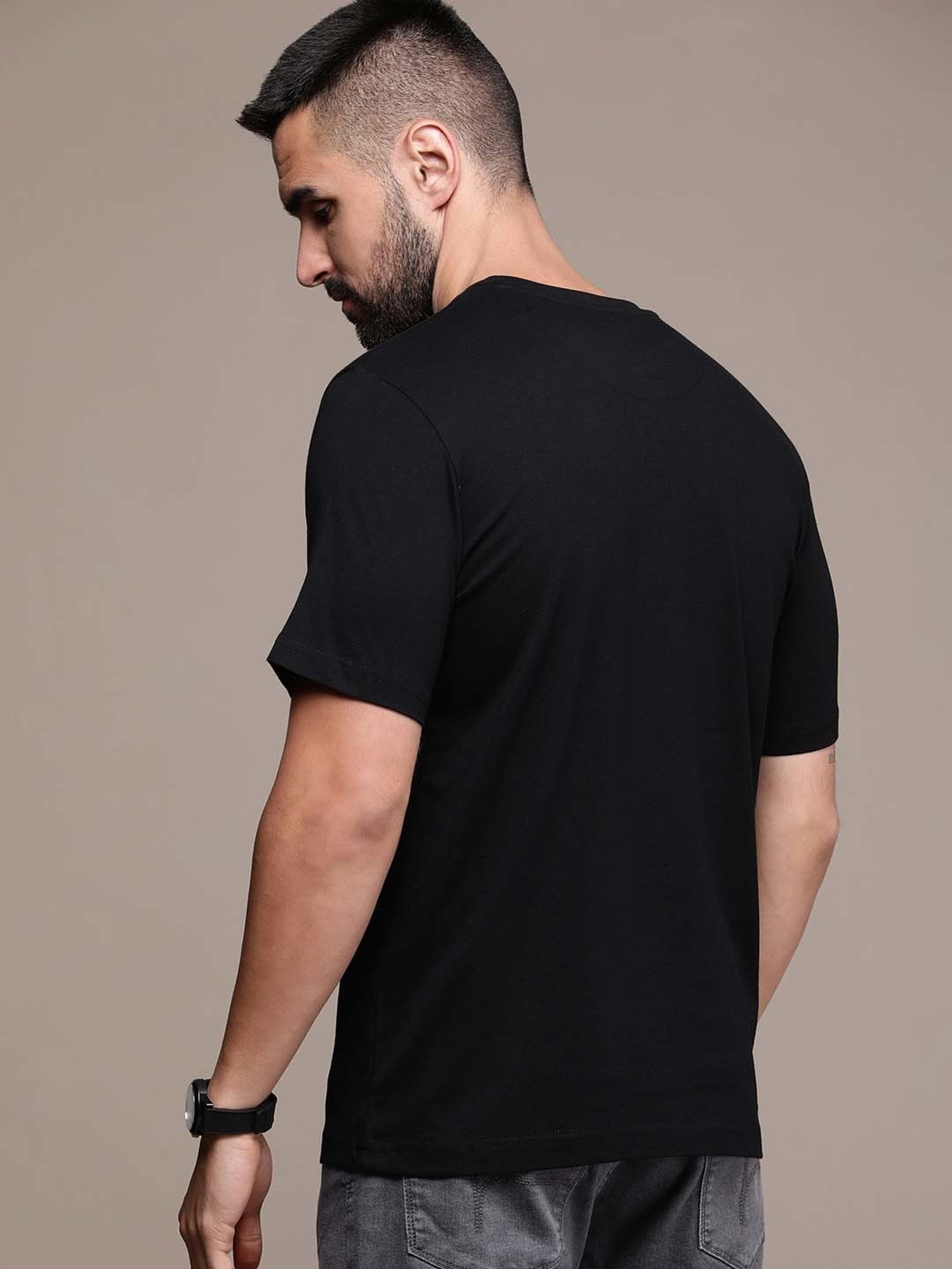 Burnt Umber Black Regular Fit Printed Crew T-Shirt