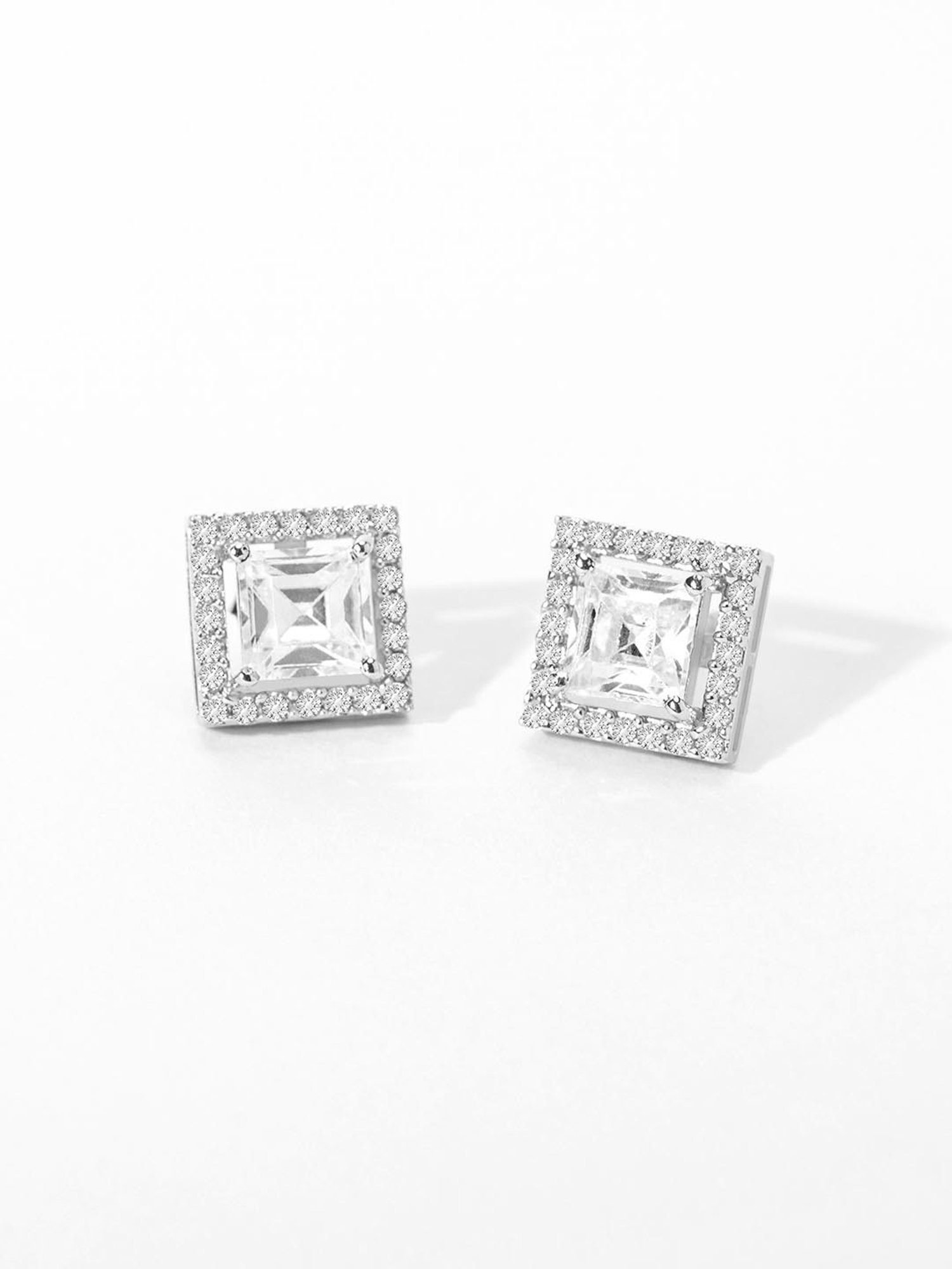 March by FableStreet Sterling Silver Princess-Cut Zircon Solitaire Stud Earrings for Women
