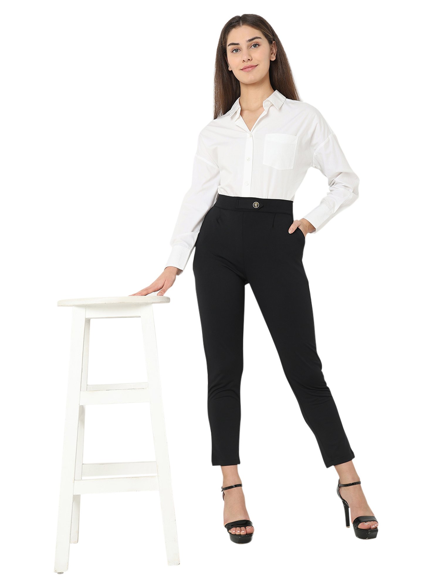 Smarty Pants Black Cotton Lycra Slim Fit High Rise Trousers