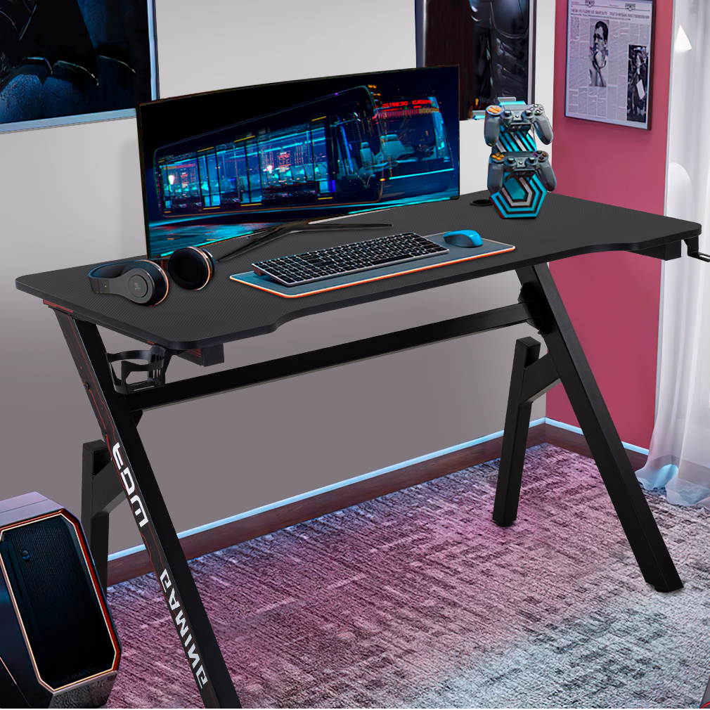 Gaming Computer Desk 45.2"x 23.4"Home Office Desk Extra Large Modern Ergonomic Black PC Carbon Fiber Table Gamer Workstation with Cup Holder Headphone Hook
