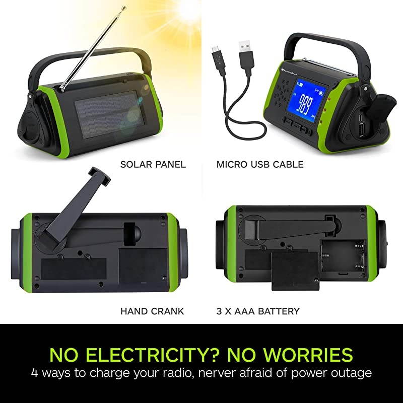 NOAA Weather Crank Solar Powered Portable Radio with 4000mAh Battery Power for Cell Phone, Bright Flashlight for Household and Outdoor Survival (097-Green)