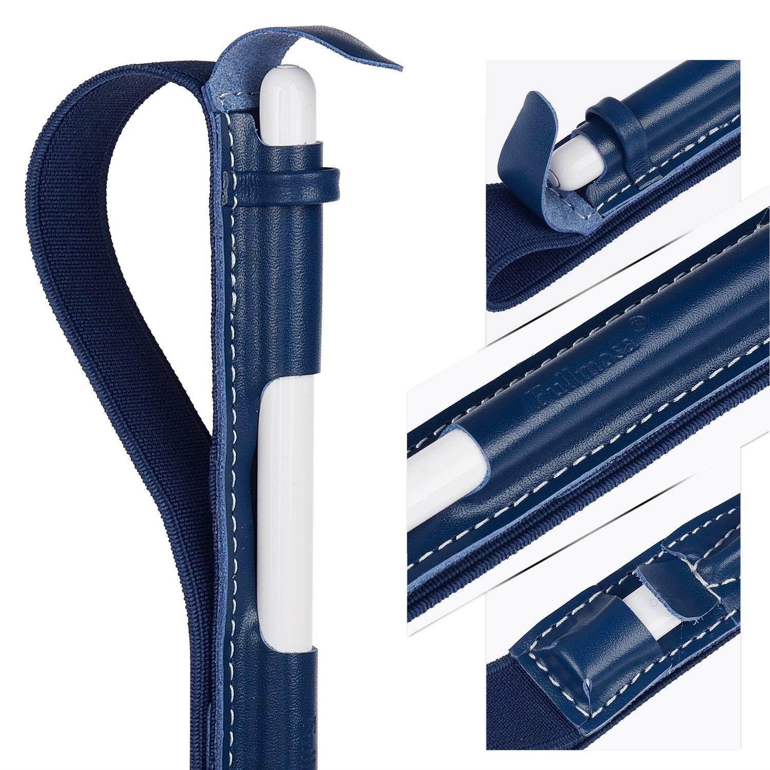 Fullmosa 4 Colors for Apple Pencil Holder, Genuine Litchi Texture Leather Apple Pencil Sleeve with USB pocket Handmade Compatible with iPad Pro 12.9" Cases, Dark Blue