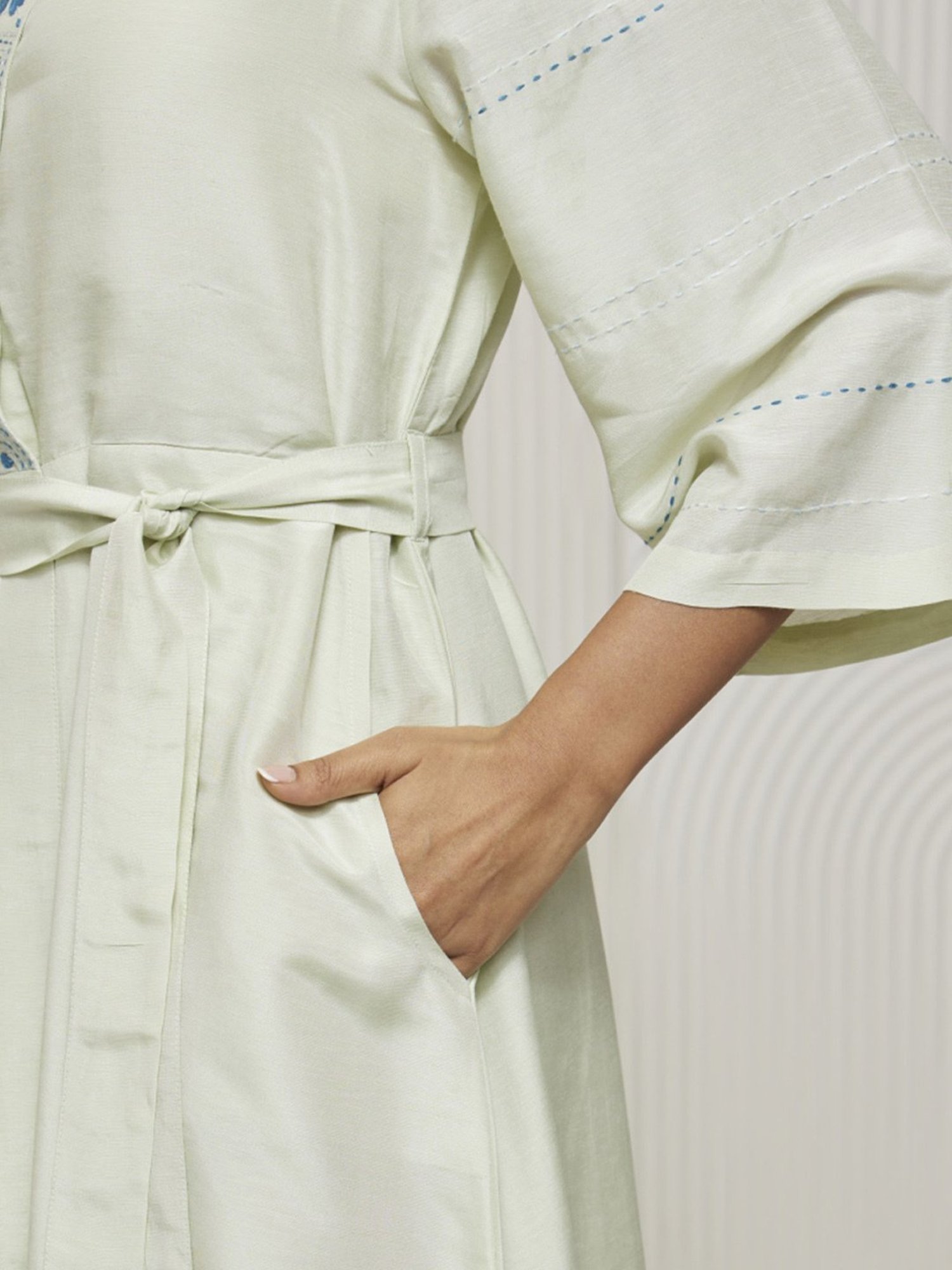 Artagai Cucumber Kimono Style Dress with Belt and Embroidery At Neck