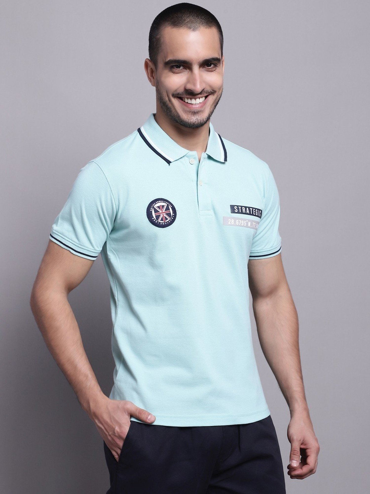 Cantabil Light Teal Regular Fit Printed Polo T-Shirt