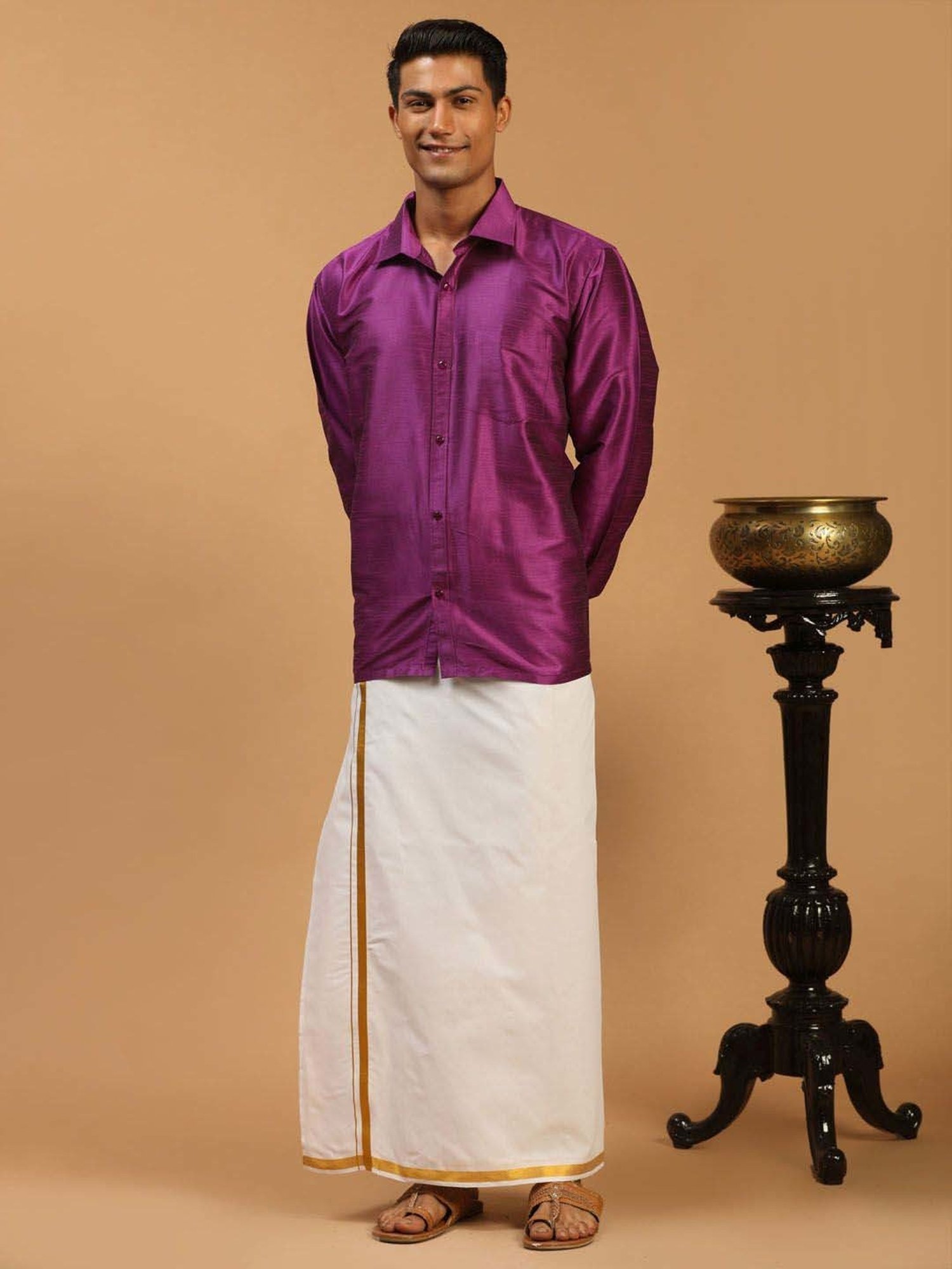 Vastramay Purple & White Regular Fit Ethnic Shirt With Mundu