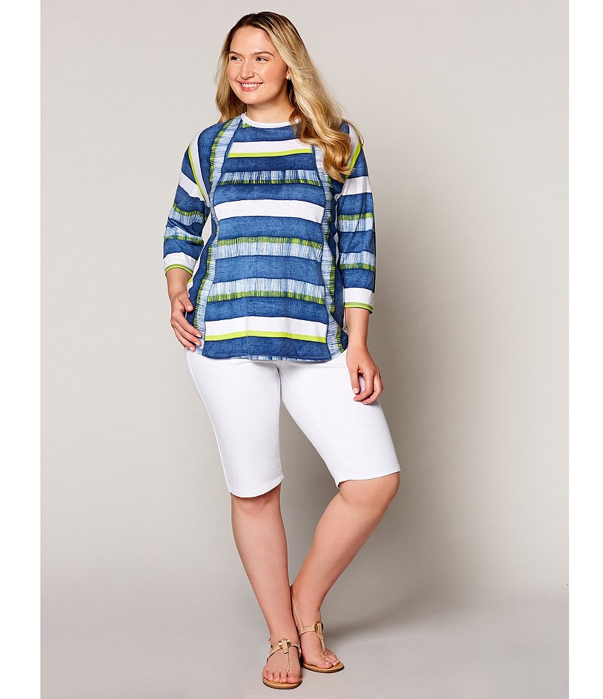 Democracy Plus Size Floral Print 3/4 Puff Sleeve V-Neck Knit Top