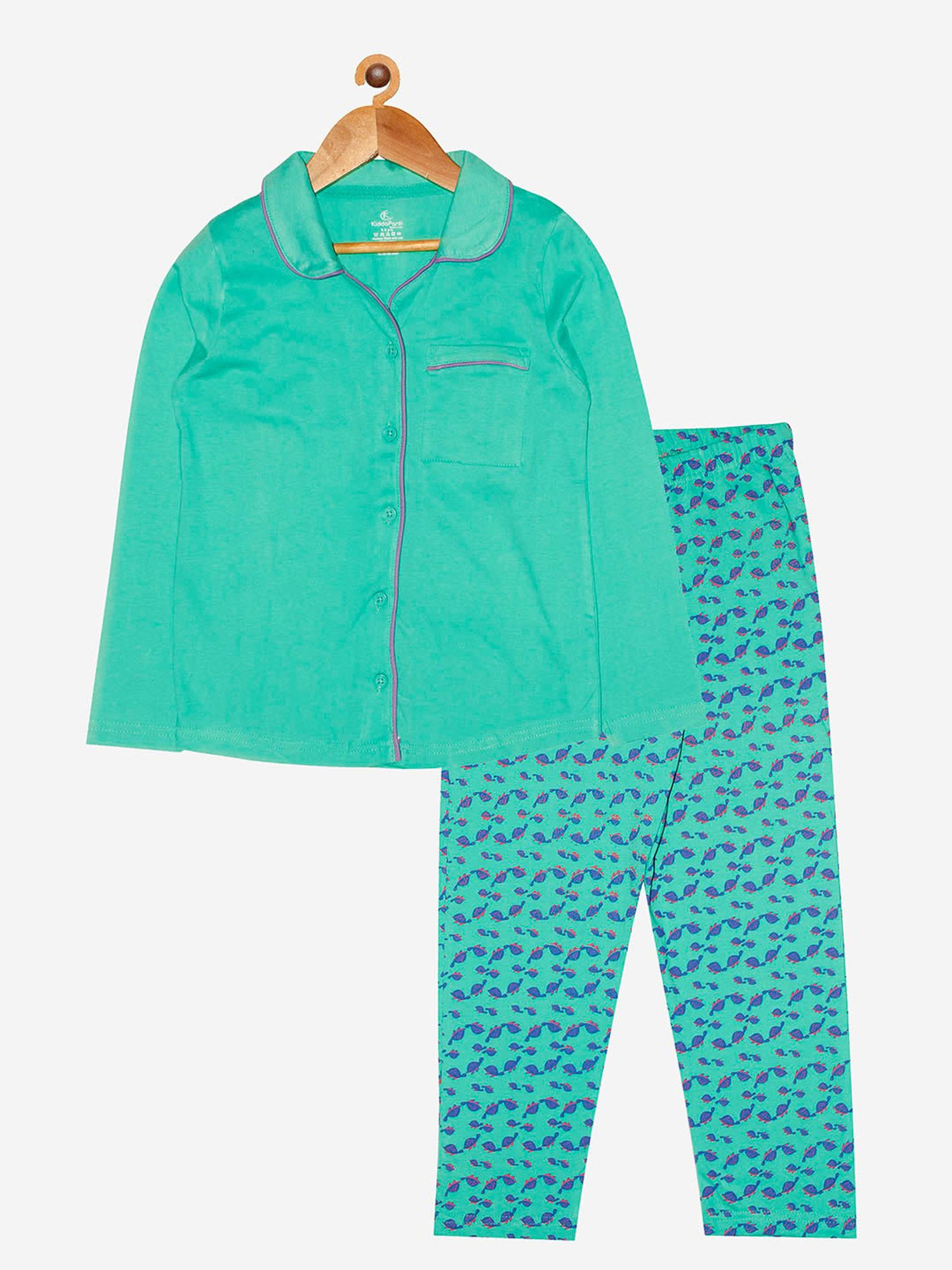 Kiddopanti Girls Green Printed Shirt with Pyjamas