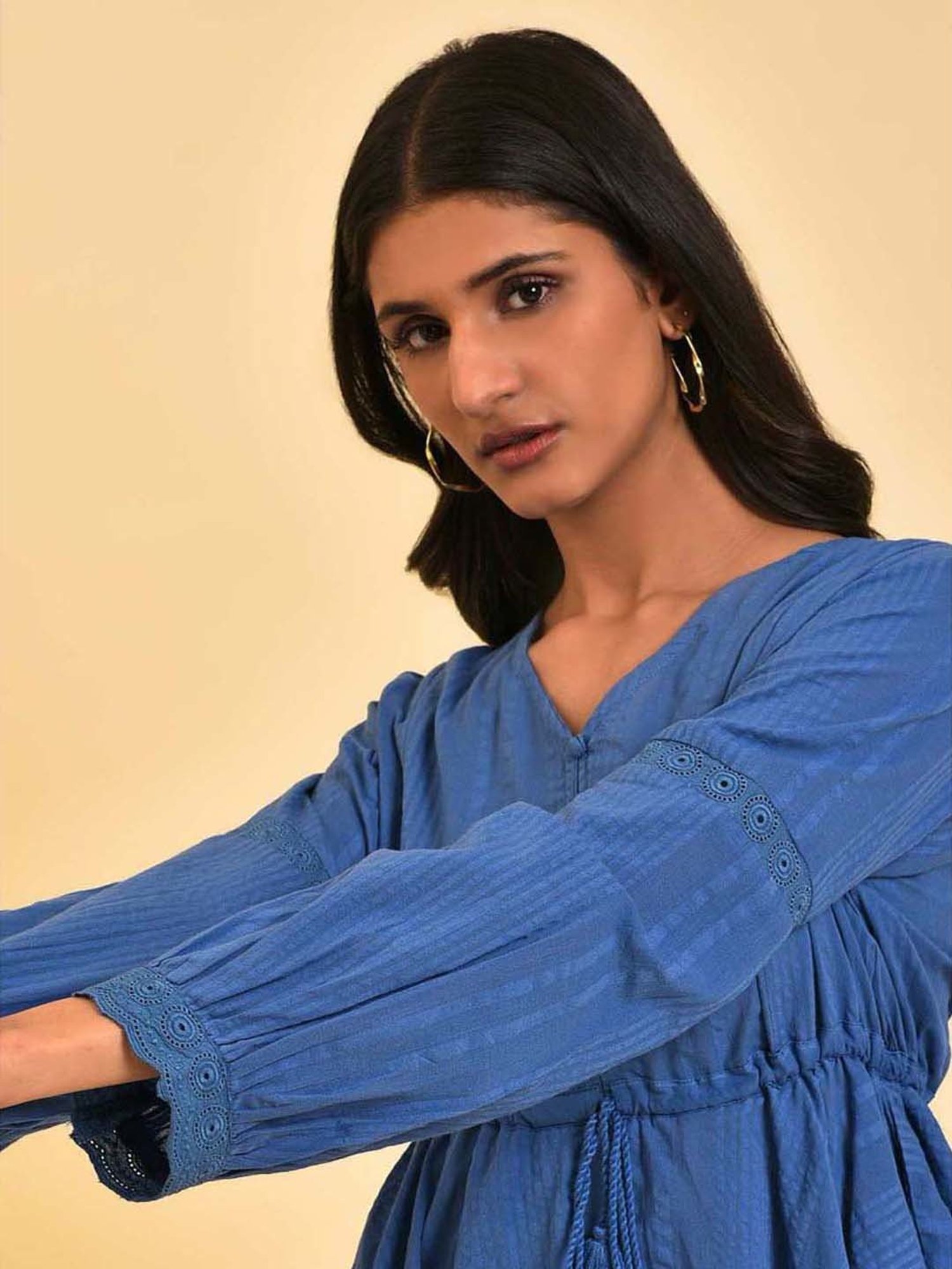 W Blue Cotton Self Pattern Top