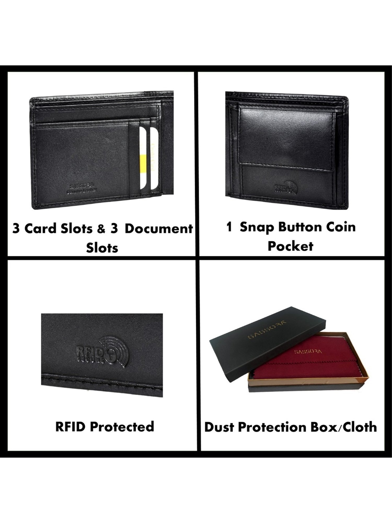SASSORA JADE Black Leather RFID Bi-Fold Wallet