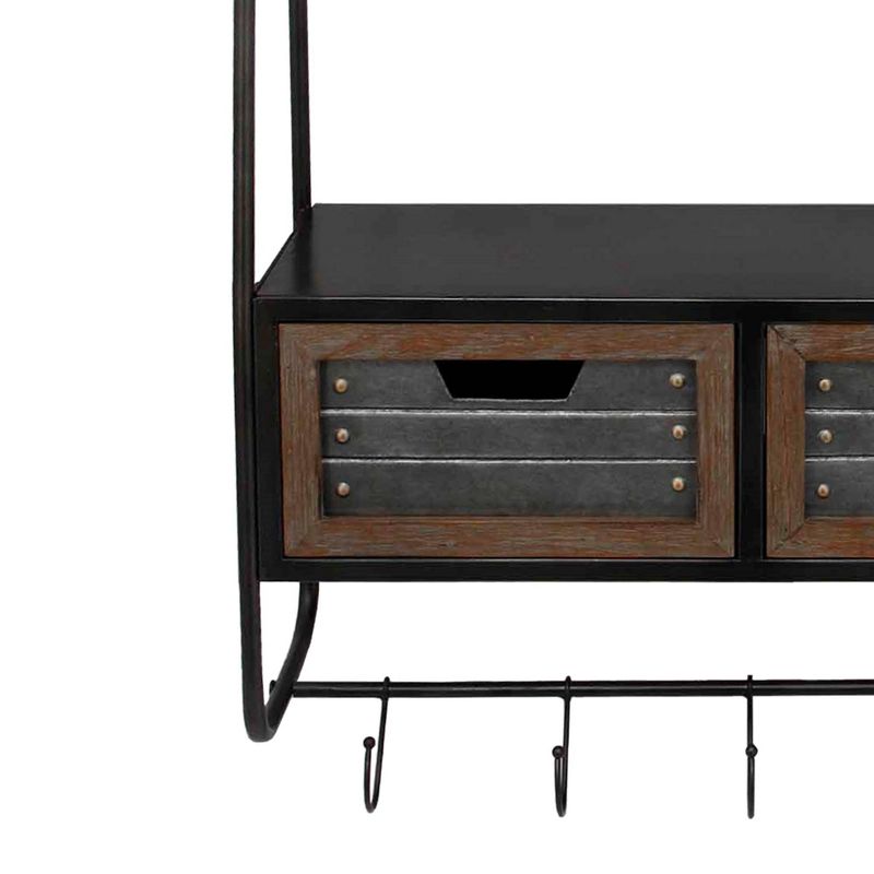 Farmhouse Wall Mounted Metal and Wood Wall Shelf with 2 Drawers and 5 Hooks Brown/Black - The Urban Port